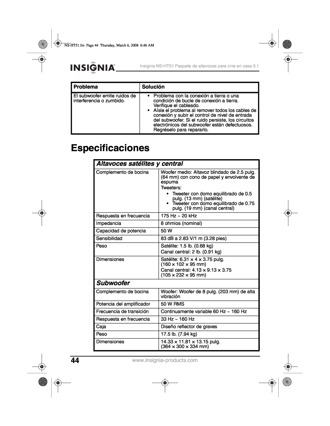 Insignia NS-HT51 manual Especificaciones, Altavoces satélites y central, Subwoofer, Problema, Solución 