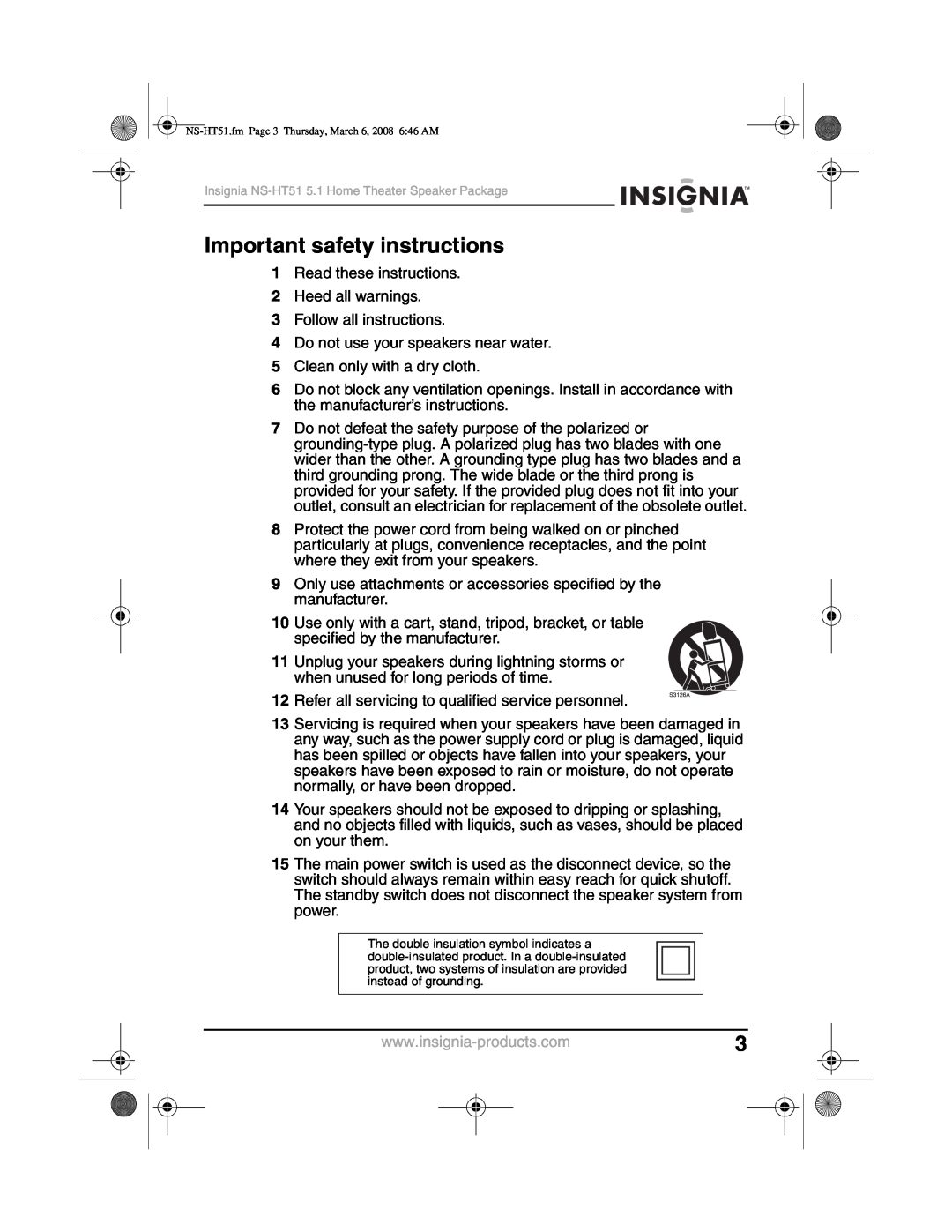 Insignia NS-HT51 manual Important safety instructions 