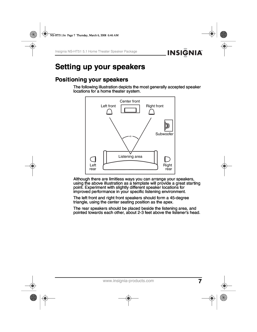 Insignia NS-HT51 manual Setting up your speakers, Positioning your speakers 