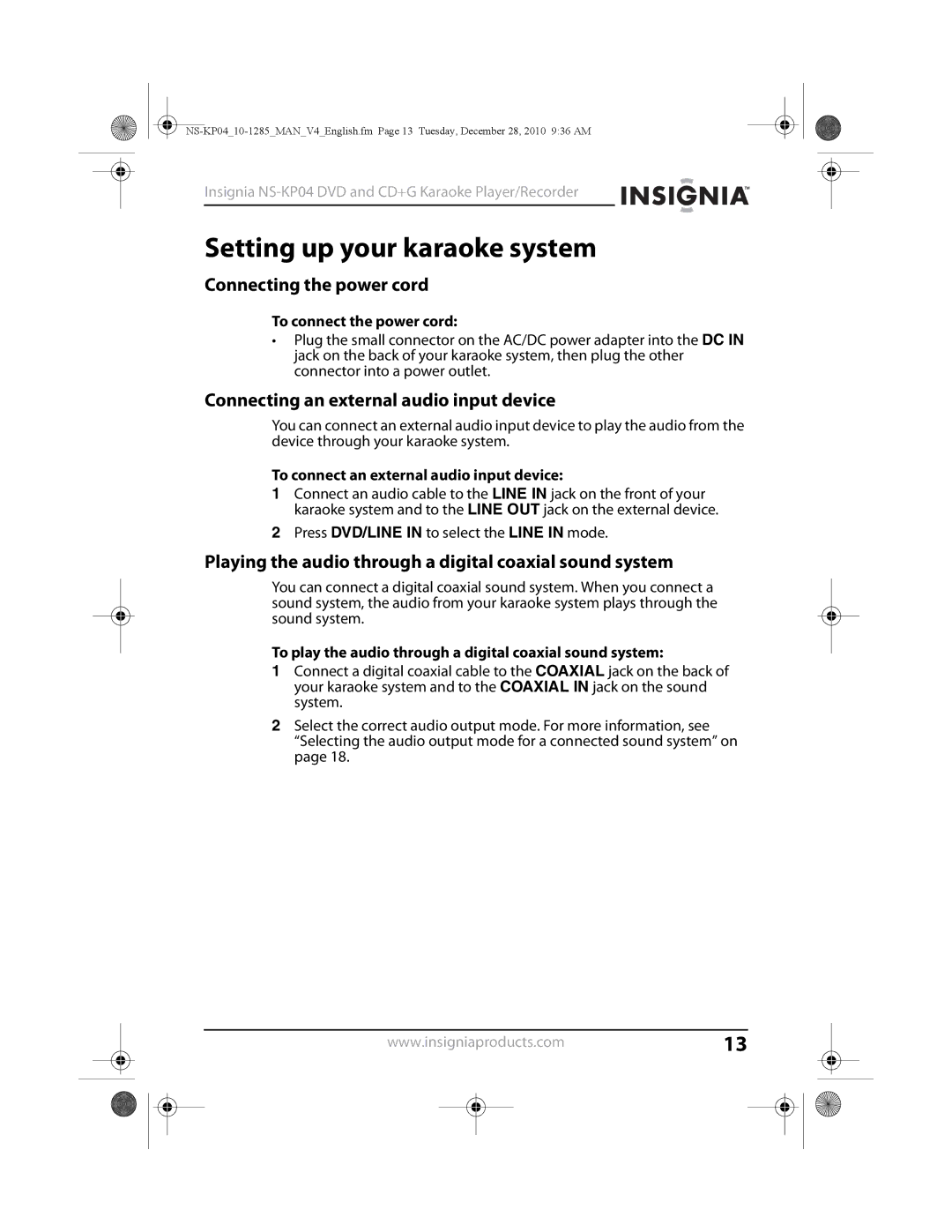 Insignia NS-KP04 Setting up your karaoke system, Connecting the power cord, Connecting an external audio input device 