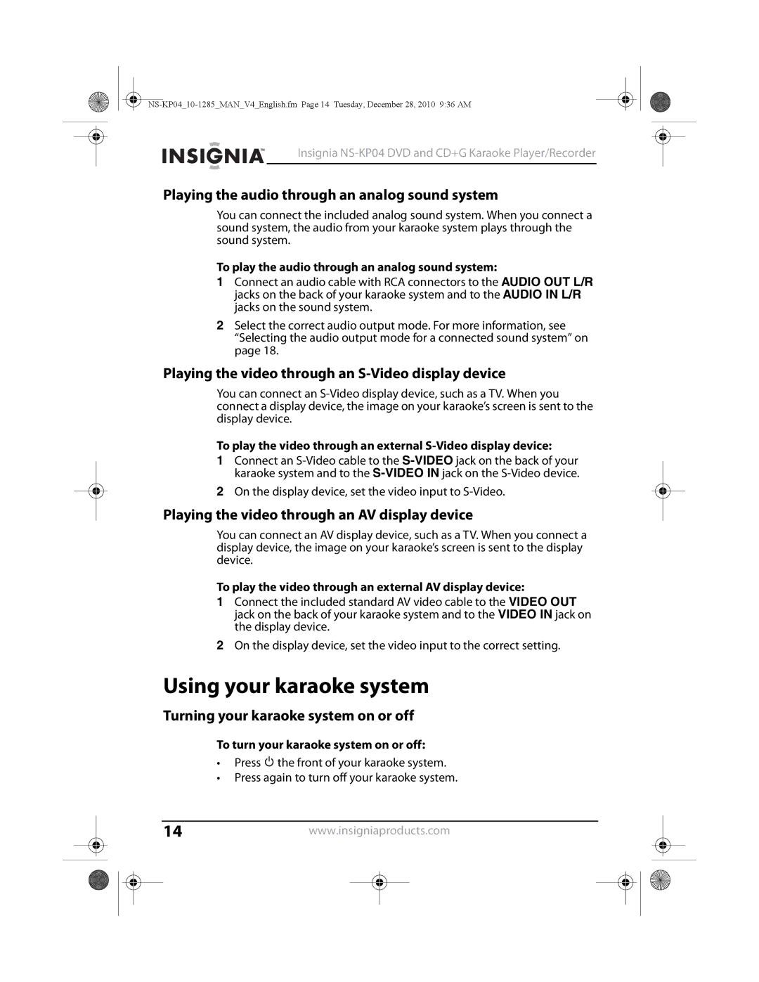 Insignia NS-KP04 manual Using your karaoke system, Playing the audio through an analog sound system 