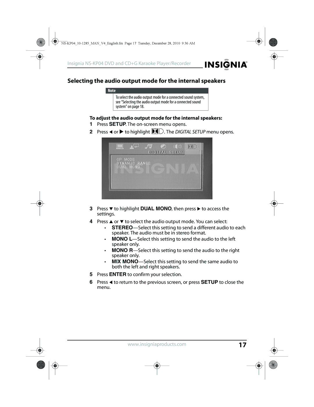 Insignia NS-KP04 manual Selecting the audio output mode for the internal speakers 