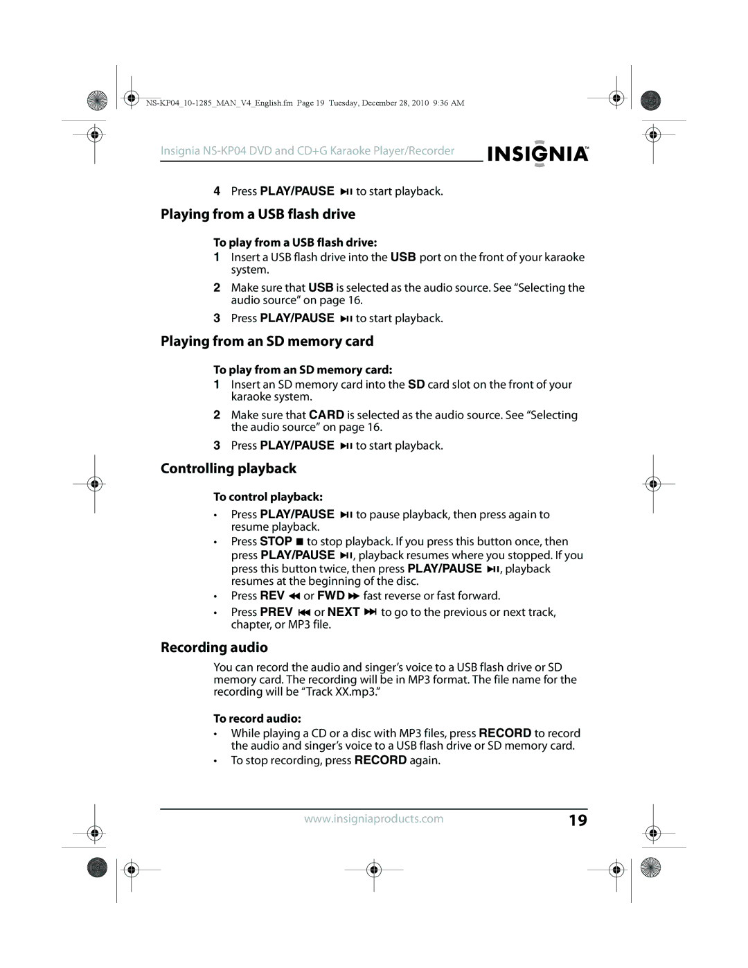 Insignia NS-KP04 Playing from a USB flash drive, Playing from an SD memory card, Controlling playback, Recording audio 