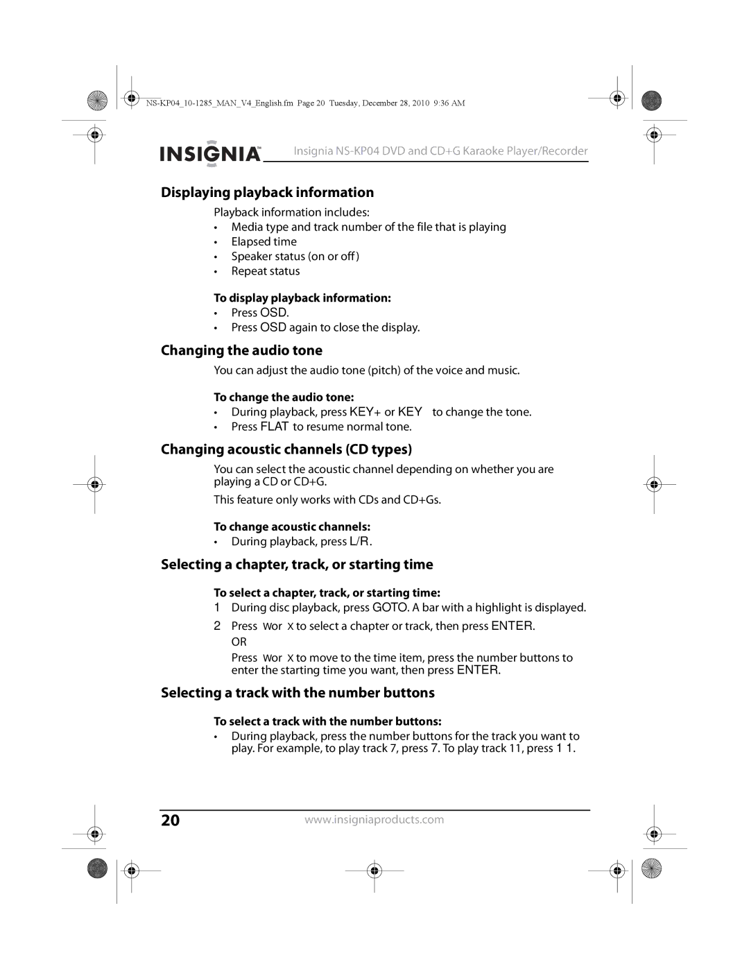 Insignia NS-KP04 manual Displaying playback information, Changing the audio tone, Changing acoustic channels CD types 