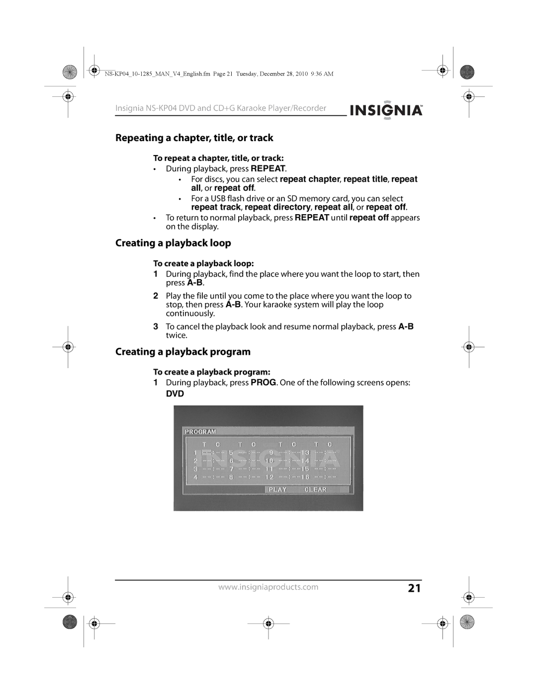 Insignia NS-KP04 manual Repeating a chapter, title, or track, Creating a playback loop, Creating a playback program 