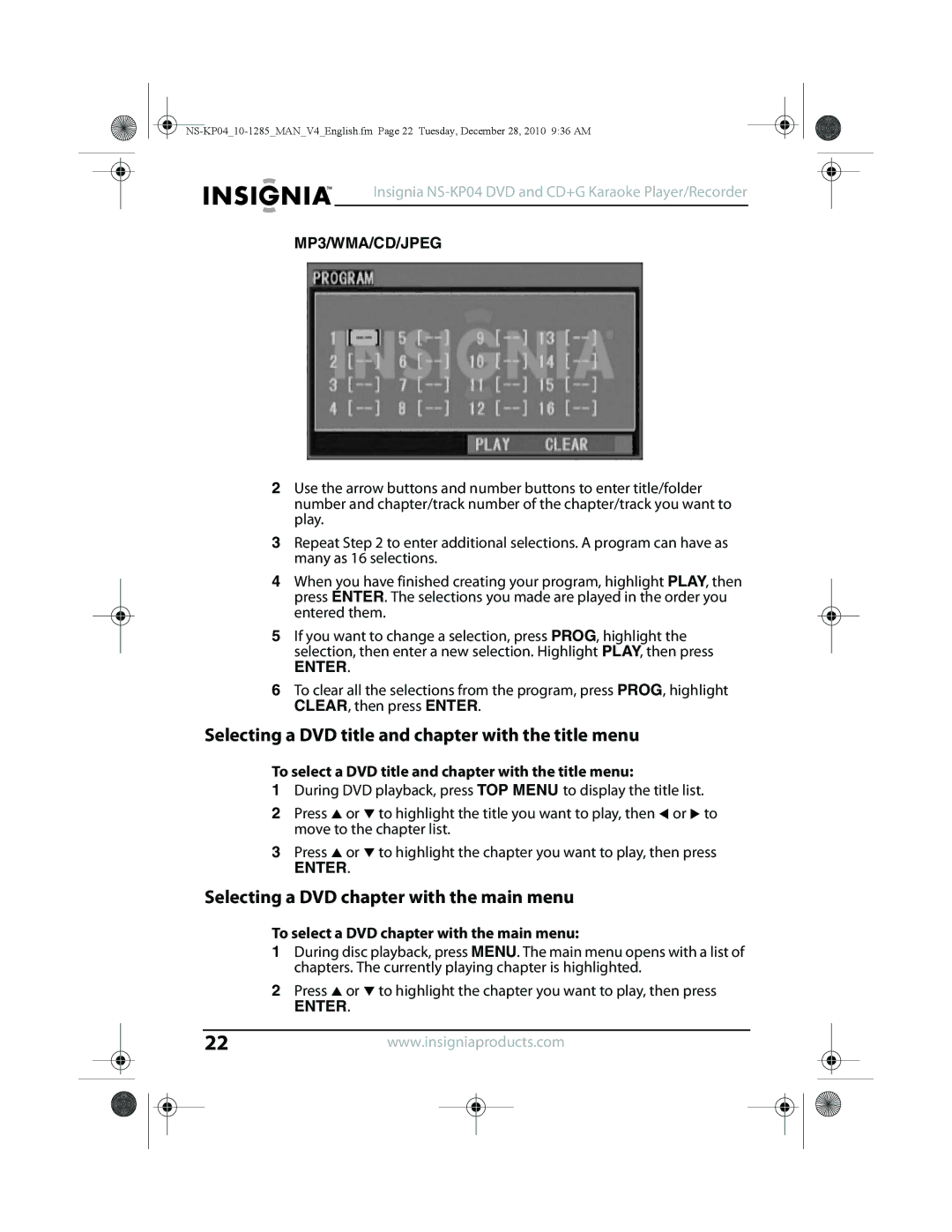 Insignia NS-KP04 manual Selecting a DVD title and chapter with the title menu, Selecting a DVD chapter with the main menu 