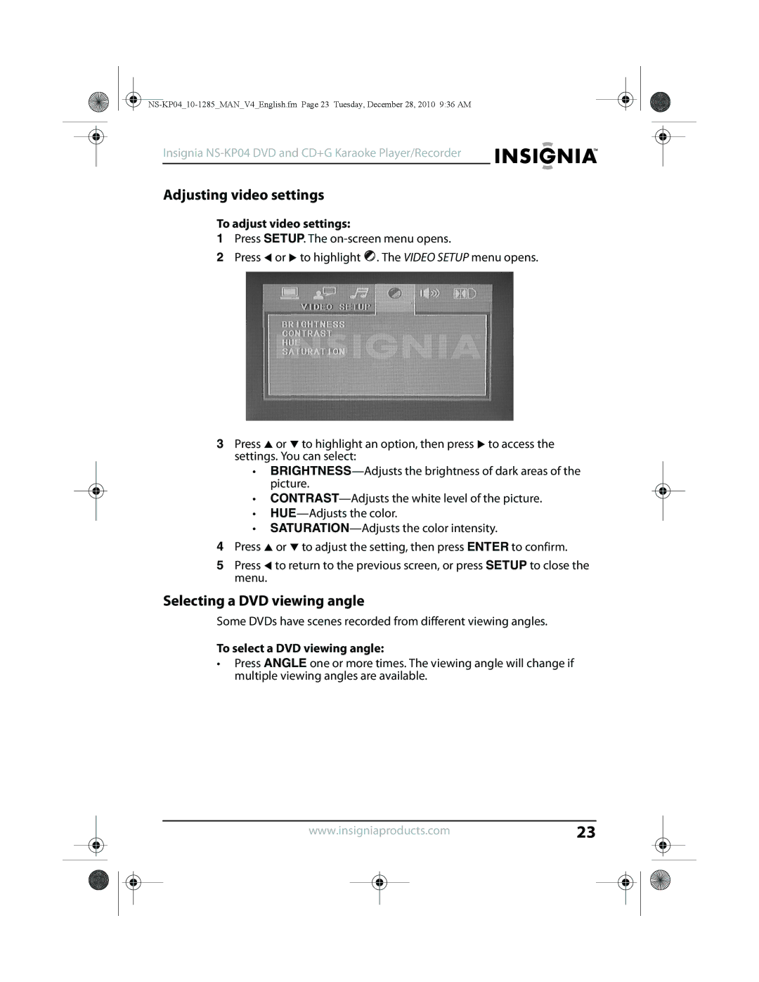 Insignia NS-KP04 manual Adjusting video settings, Selecting a DVD viewing angle, To adjust video settings 