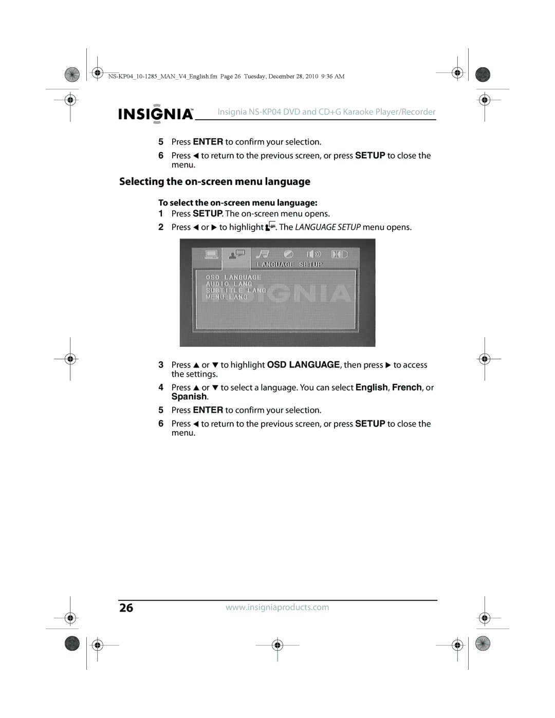 Insignia NS-KP04 manual Selecting the on-screen menu language, To select the on-screen menu language 