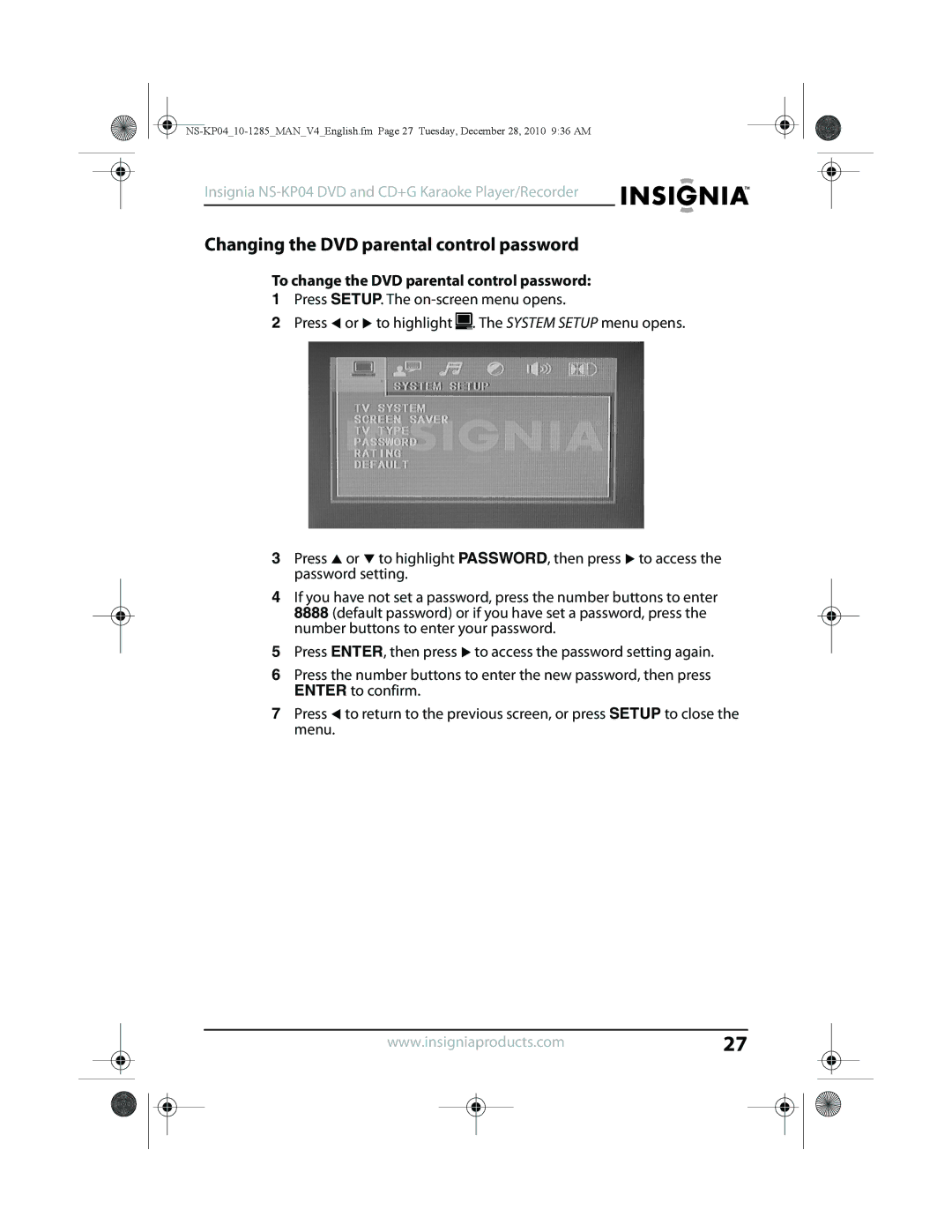 Insignia NS-KP04 manual Changing the DVD parental control password, To change the DVD parental control password 