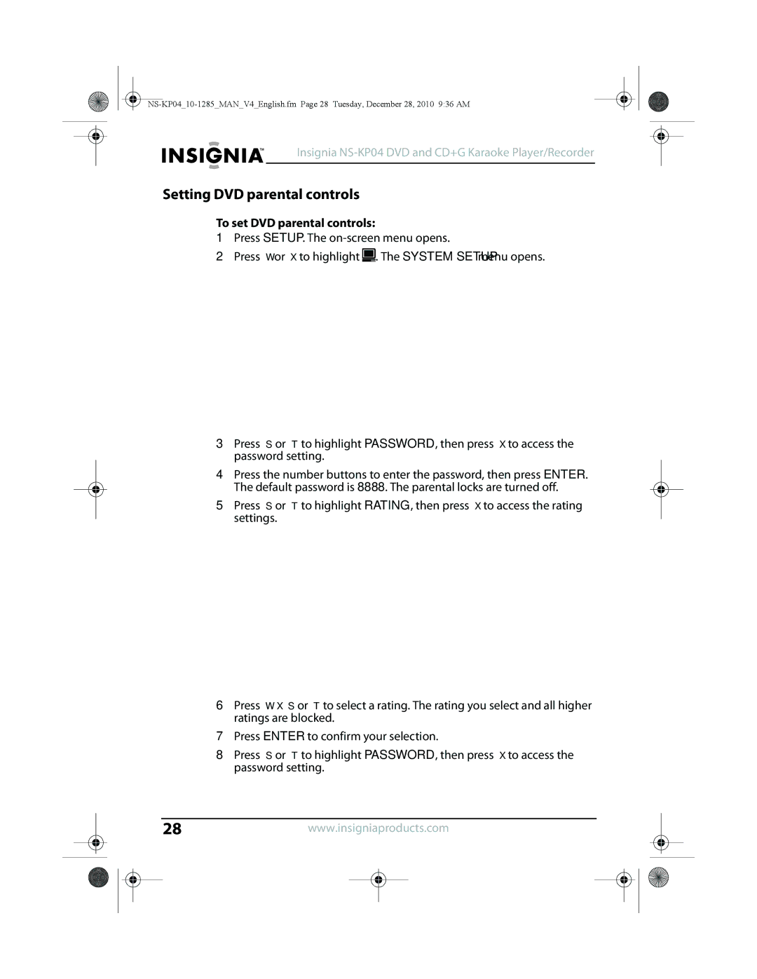 Insignia NS-KP04 manual Setting DVD parental controls, To set DVD parental controls 