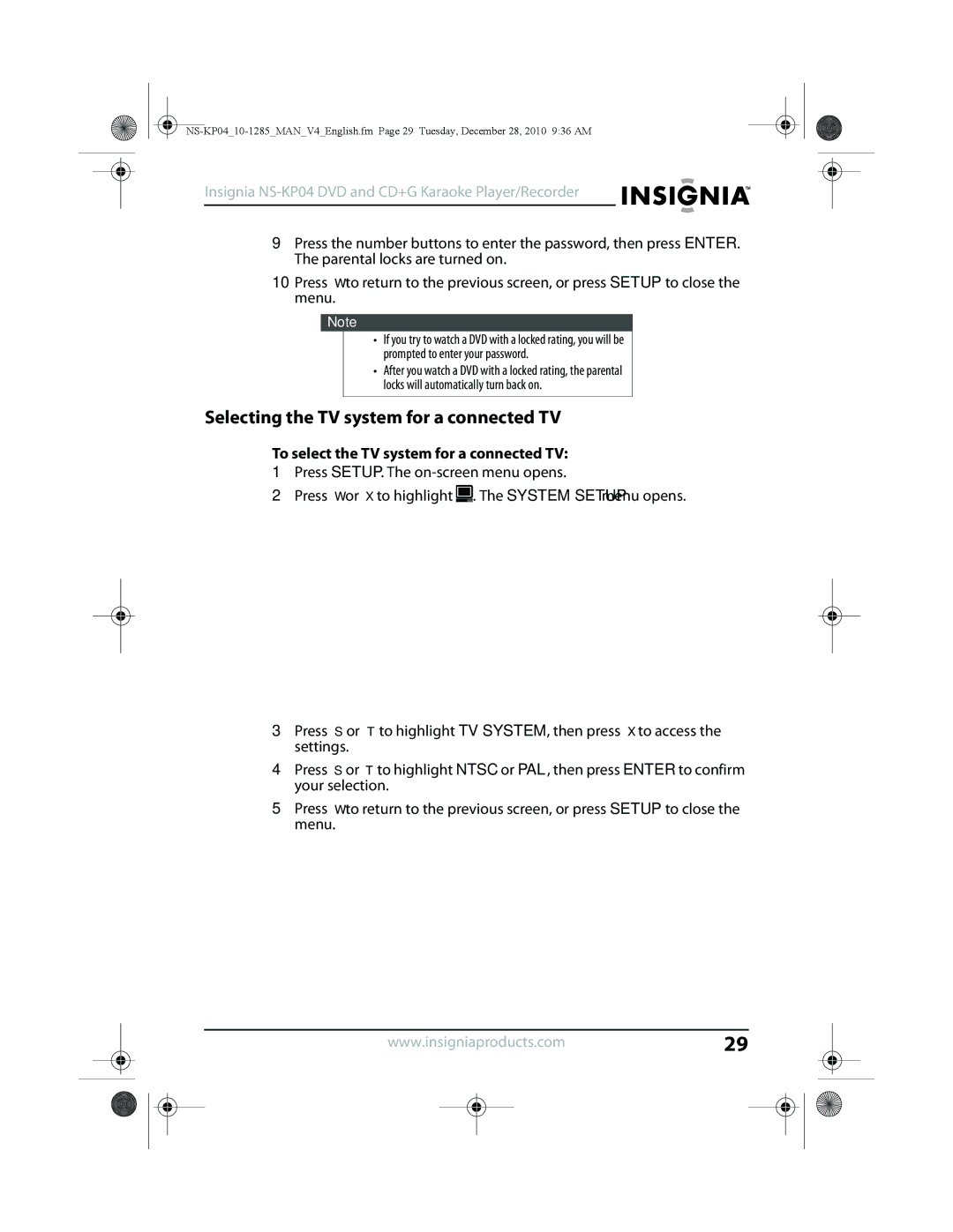 Insignia NS-KP04 manual Selecting the TV system for a connected TV, To select the TV system for a connected TV 