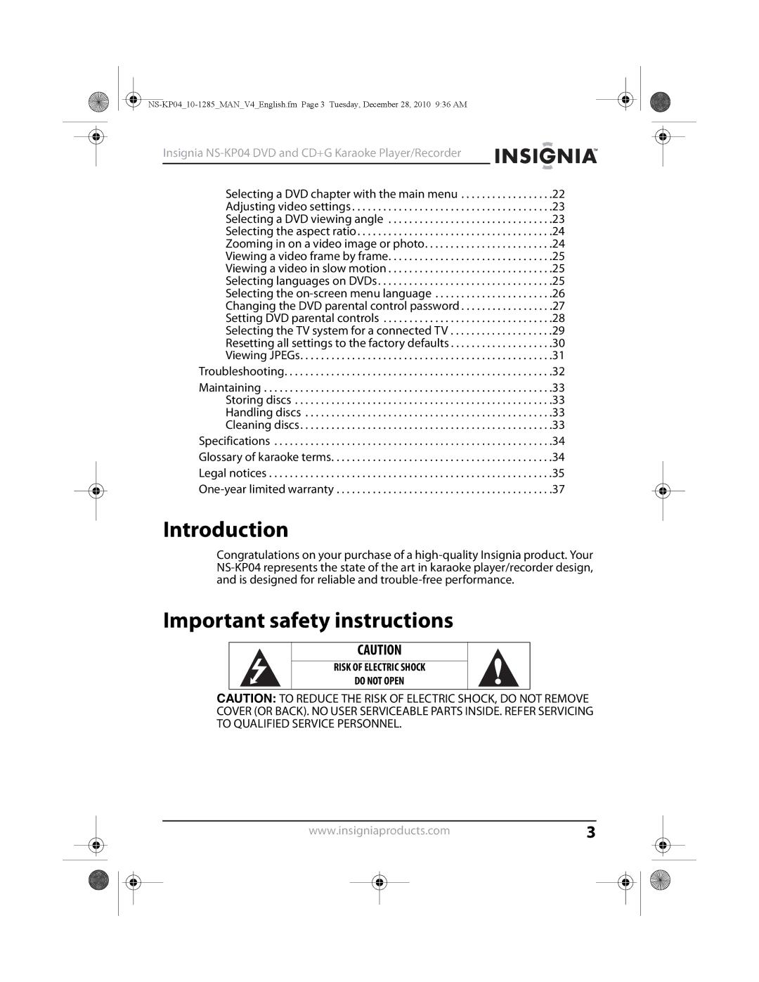 Insignia NS-KP04 manual Introduction, Important safety instructions 