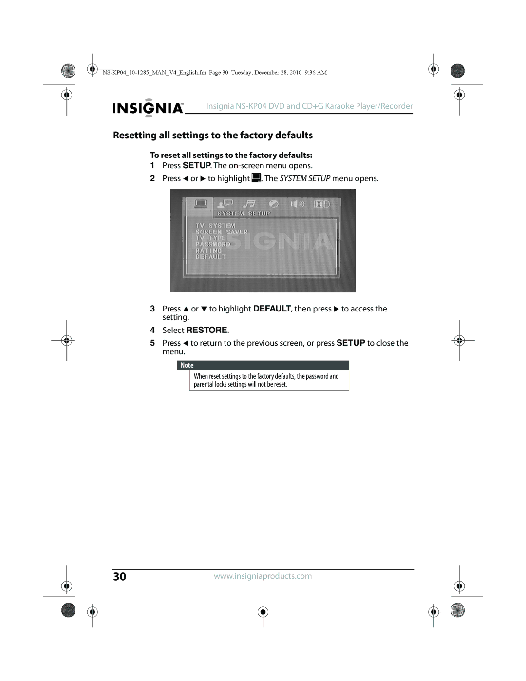 Insignia NS-KP04 manual Resetting all settings to the factory defaults, To reset all settings to the factory defaults 