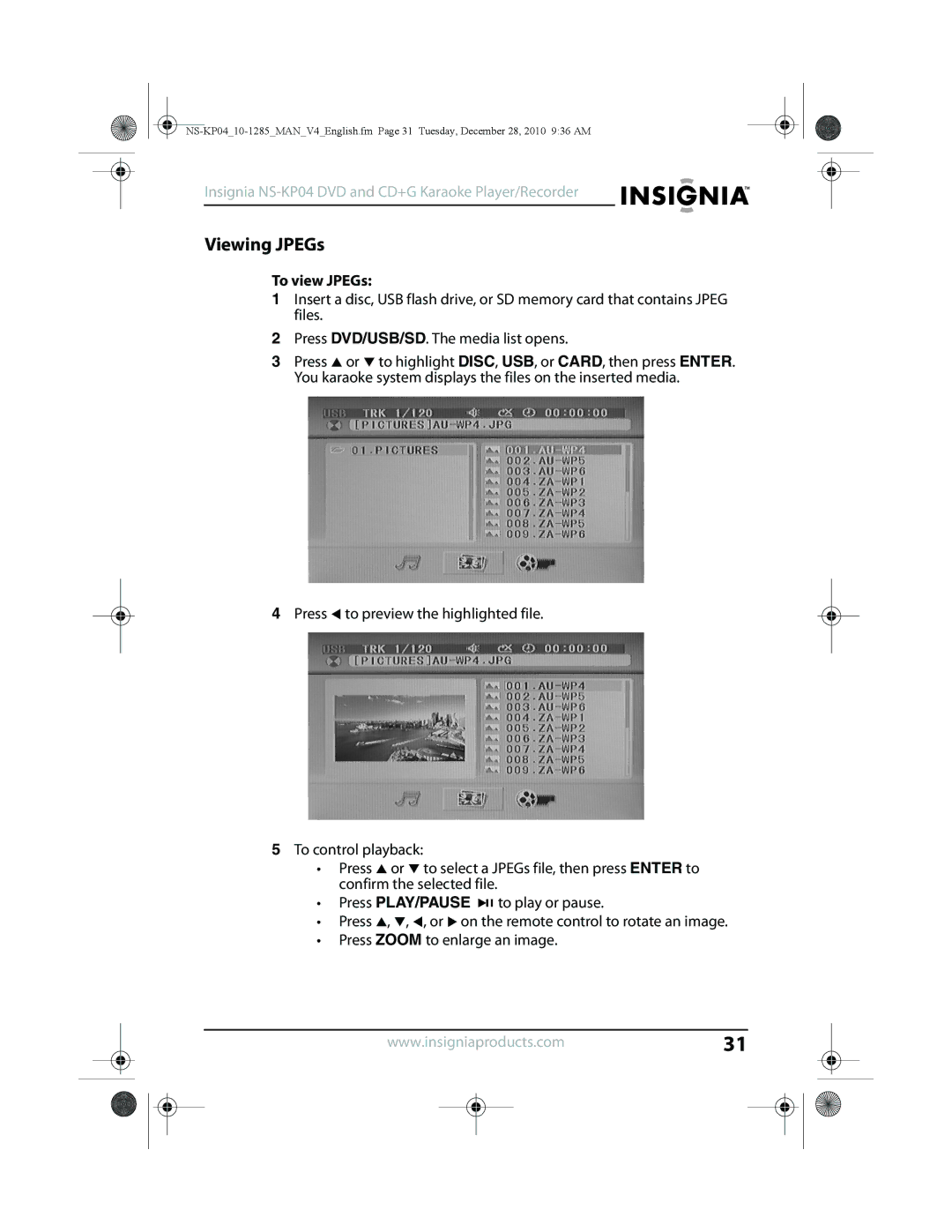 Insignia NS-KP04 manual Viewing JPEGs, To view JPEGs 