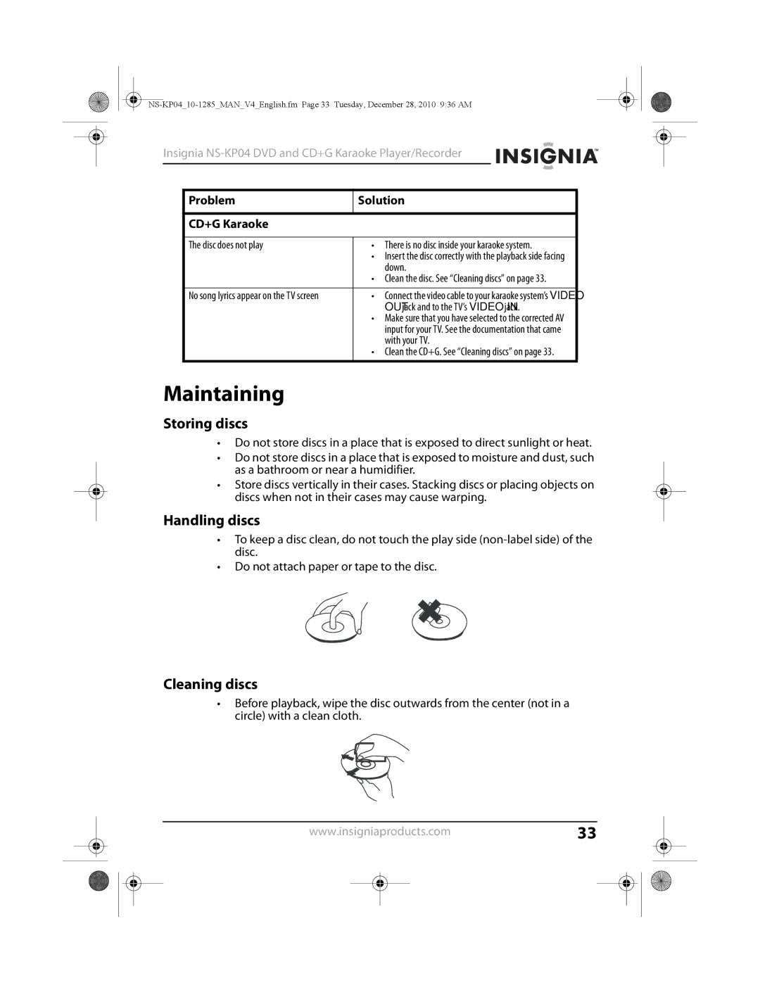 Insignia NS-KP04 manual Maintaining, Storing discs, Handling discs, Cleaning discs, Problem Solution CD+G Karaoke 