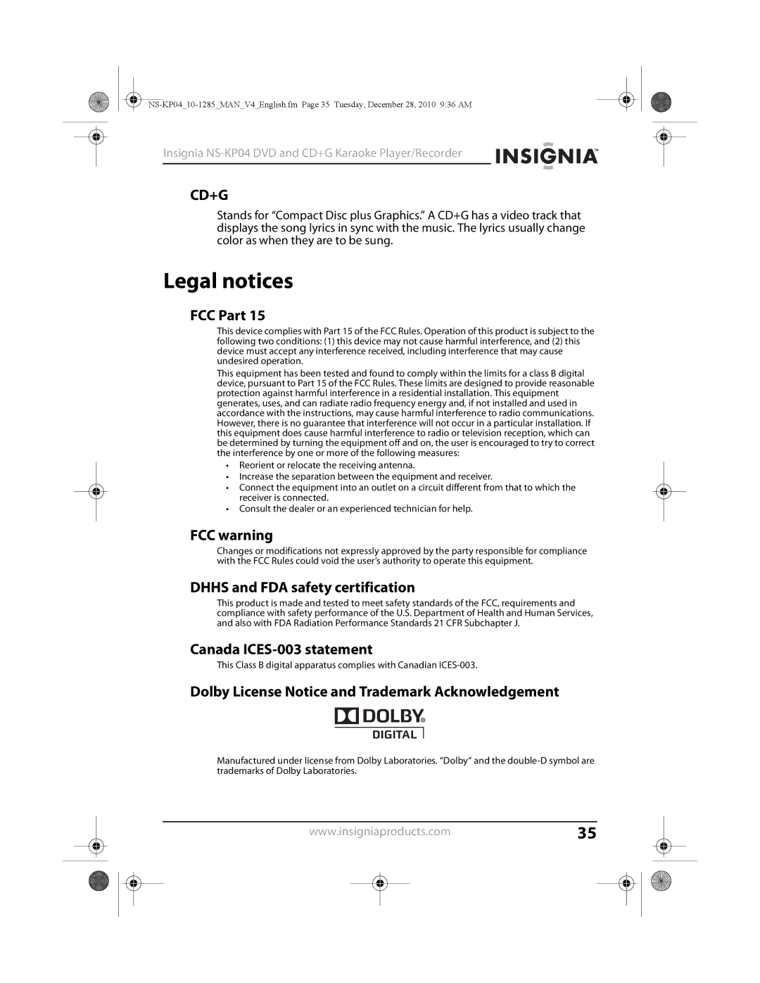 Insignia NS-KP04 manual Legal notices 