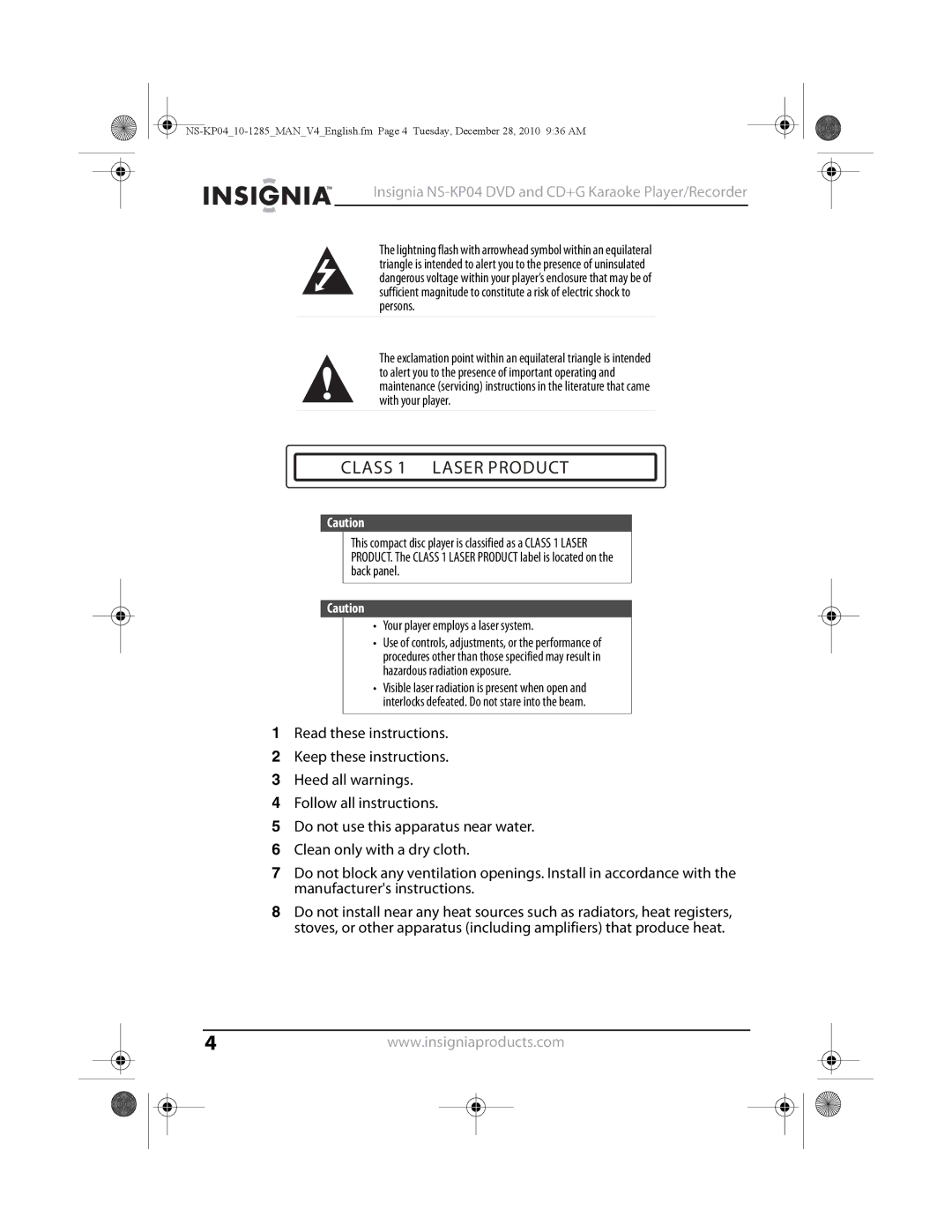 Insignia NS-KP04 manual Class 1 Laser Product, Your player employs a laser system 