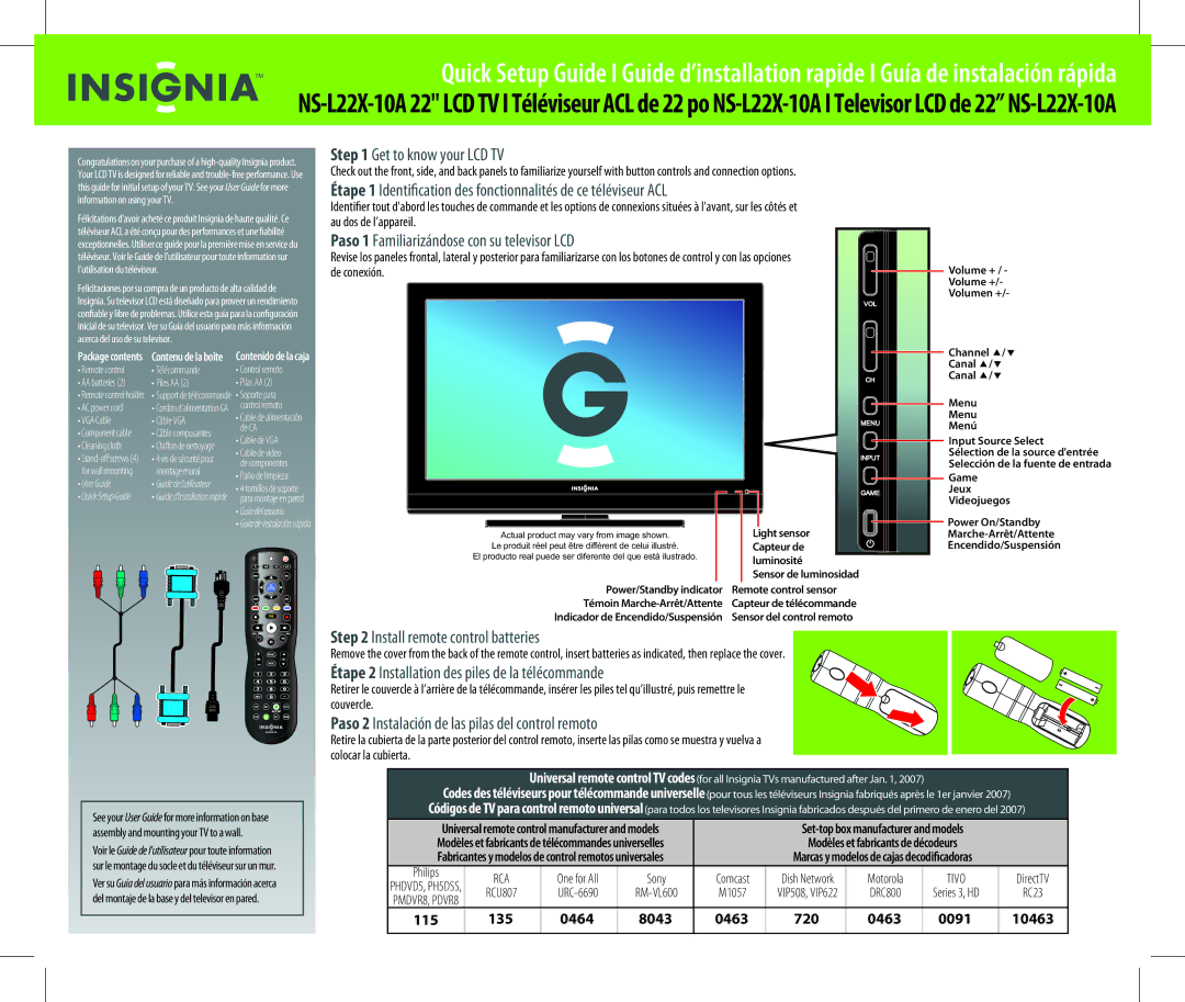 Insignia NS-L22X-10A setup guide Get to know your LCD TV, De ce téléviseur ACL, Install remote control batteries 