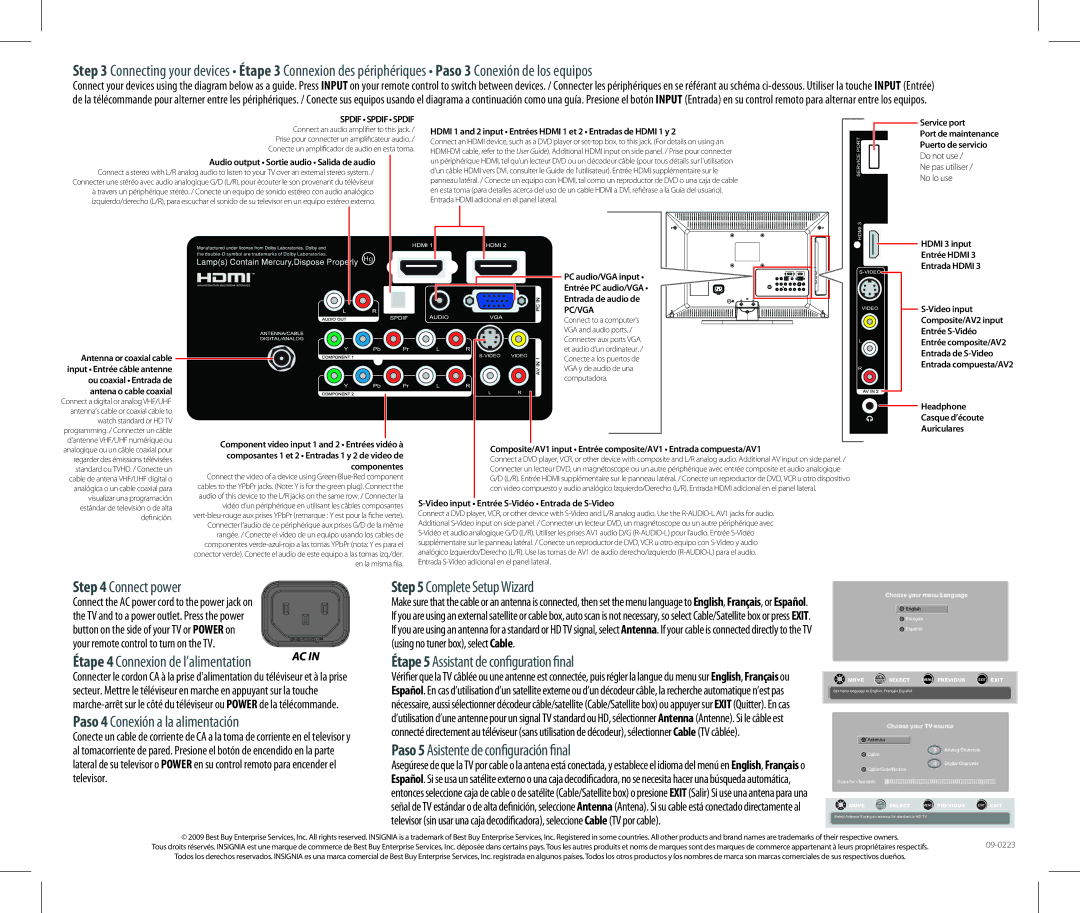 Insignia NS-L22X-10A setup guide Connect power, Étape 4 Connexion de l’alimentation, Paso 4 Conexión a la alimentación 