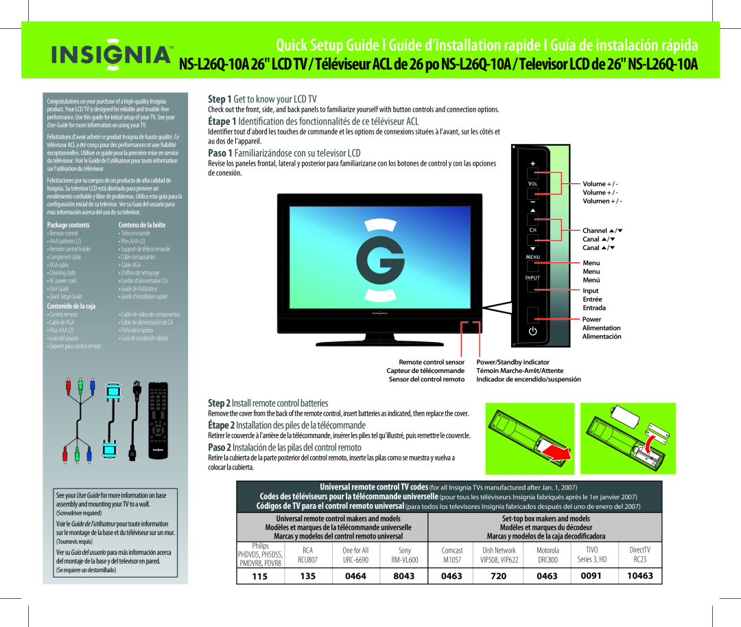 Insignia NS-L26Q-10A setup guide Get to know your LCD TV, de ce téléviseur ACL, Install remote control batteries, 0464 