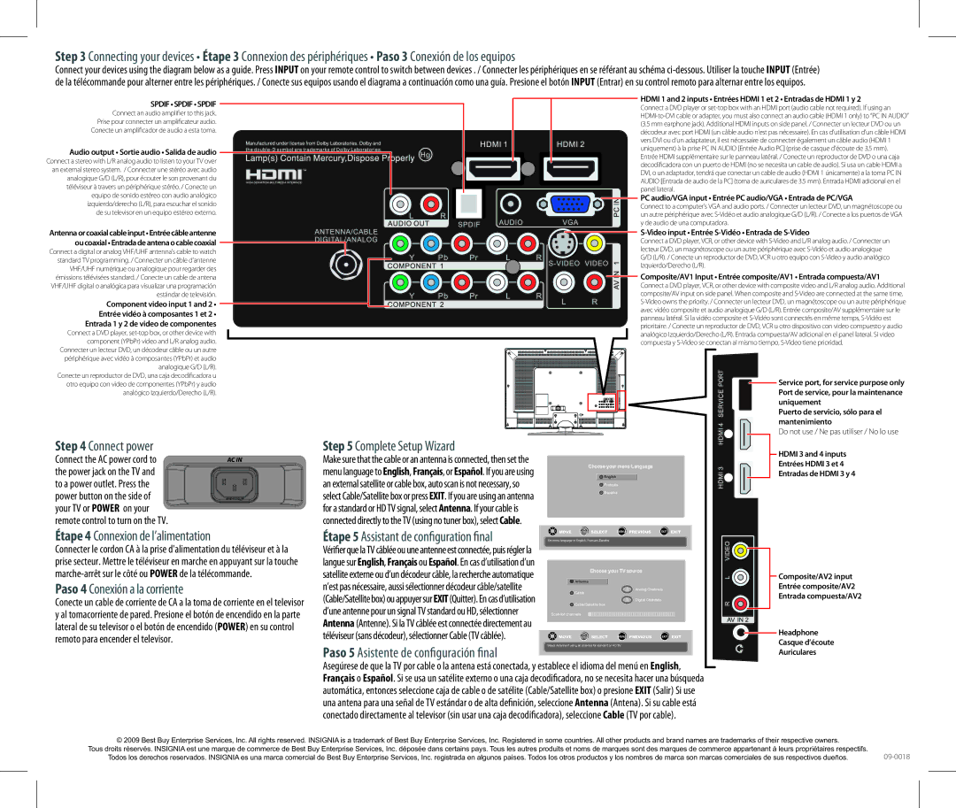 Insignia NS-L32Q-10A setup guide Connect power, Étape 4 Connexion de l’alimentation, Paso 4 Conexión a la corriente 