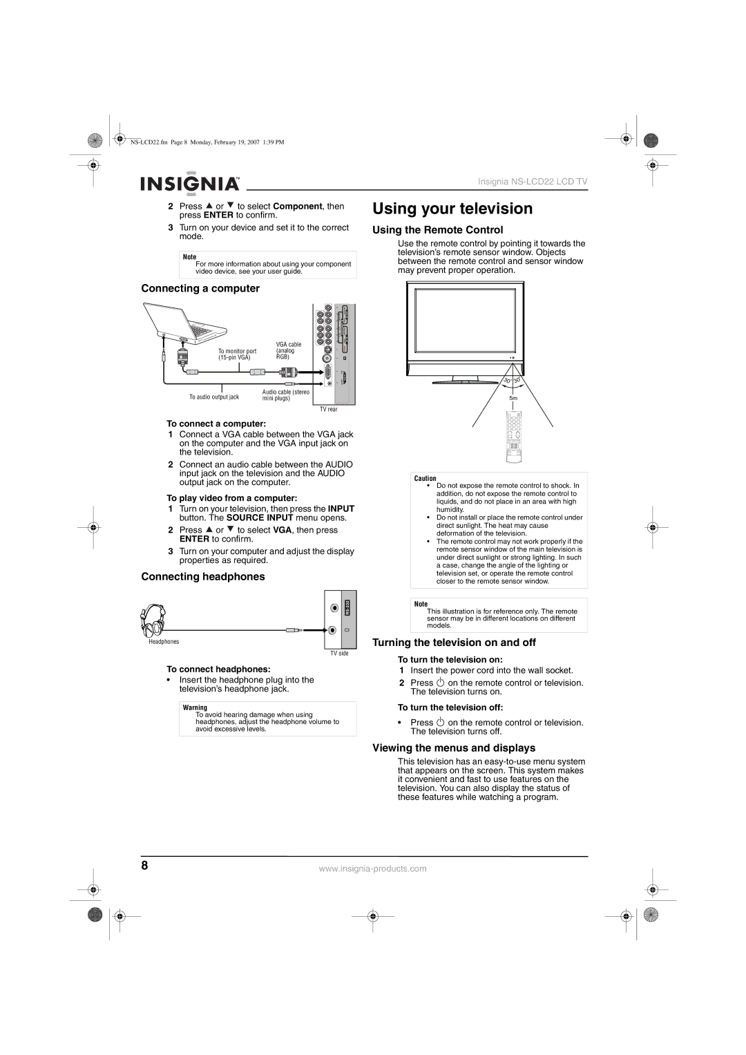 Insignia NS-LCD22 manual Using your television 