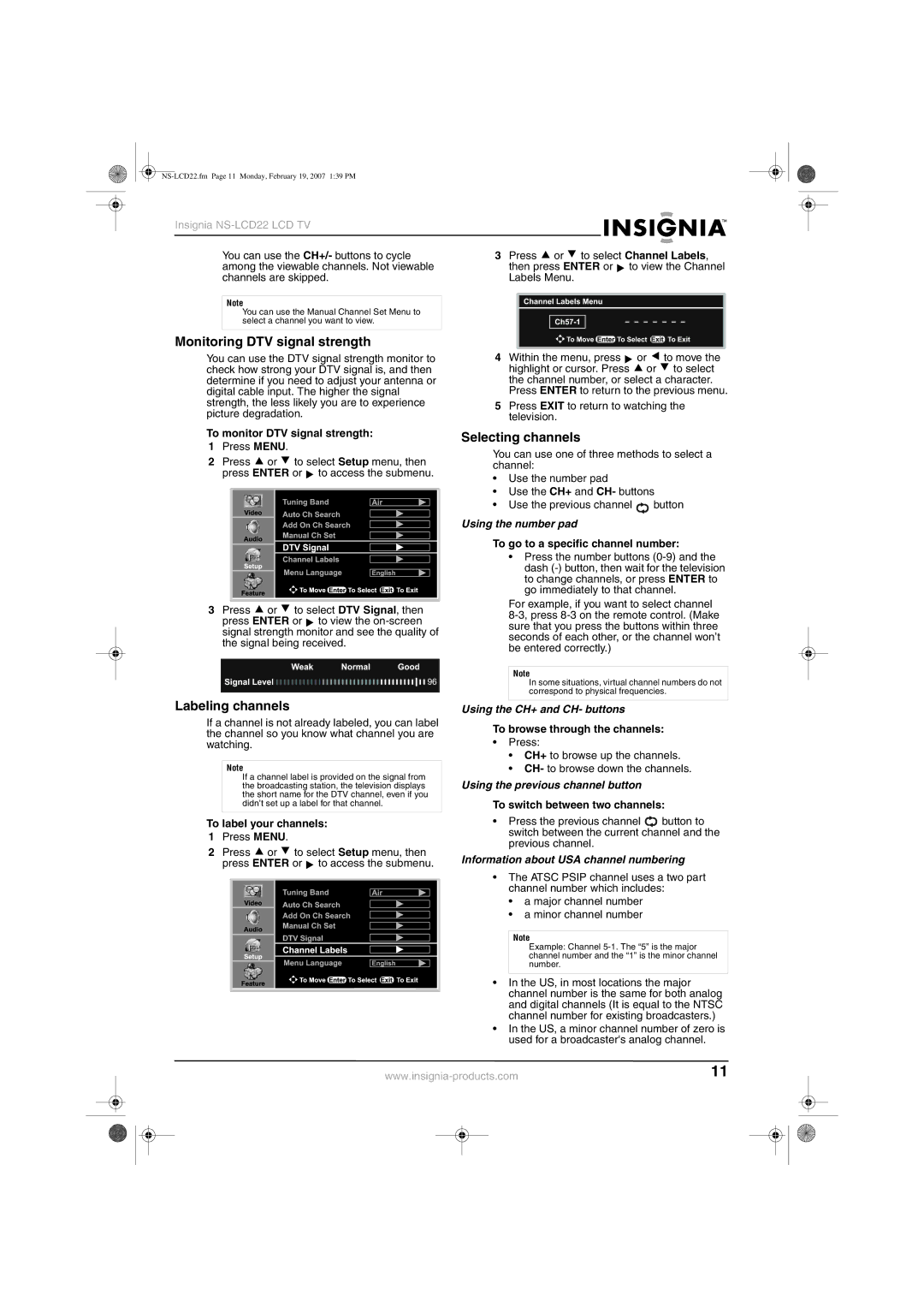 Insignia NS-LCD22 manual Monitoring DTV signal strength, Selecting channels, Labeling channels 