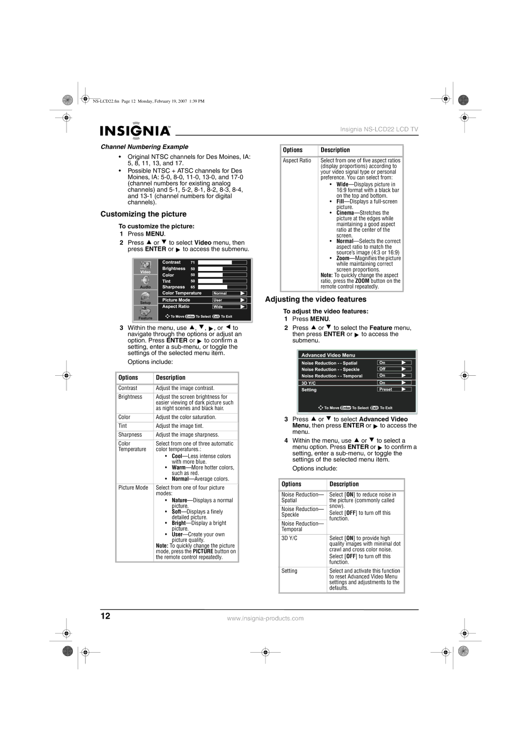 Insignia NS-LCD22 manual Customizing the picture, Adjusting the video features, Channel Numbering Example 