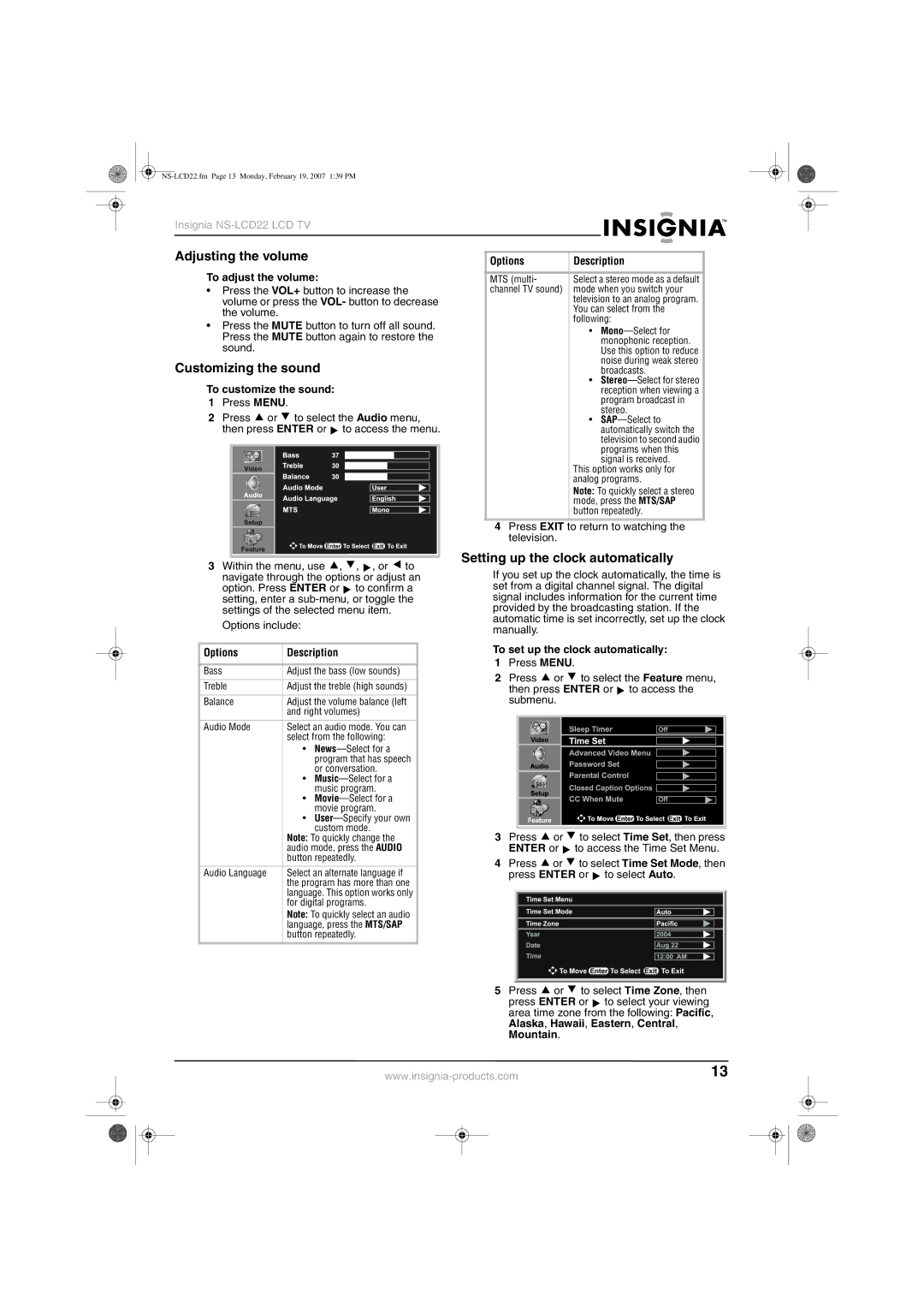 Insignia NS-LCD22 manual Adjusting the volume, Customizing the sound, Setting up the clock automatically 