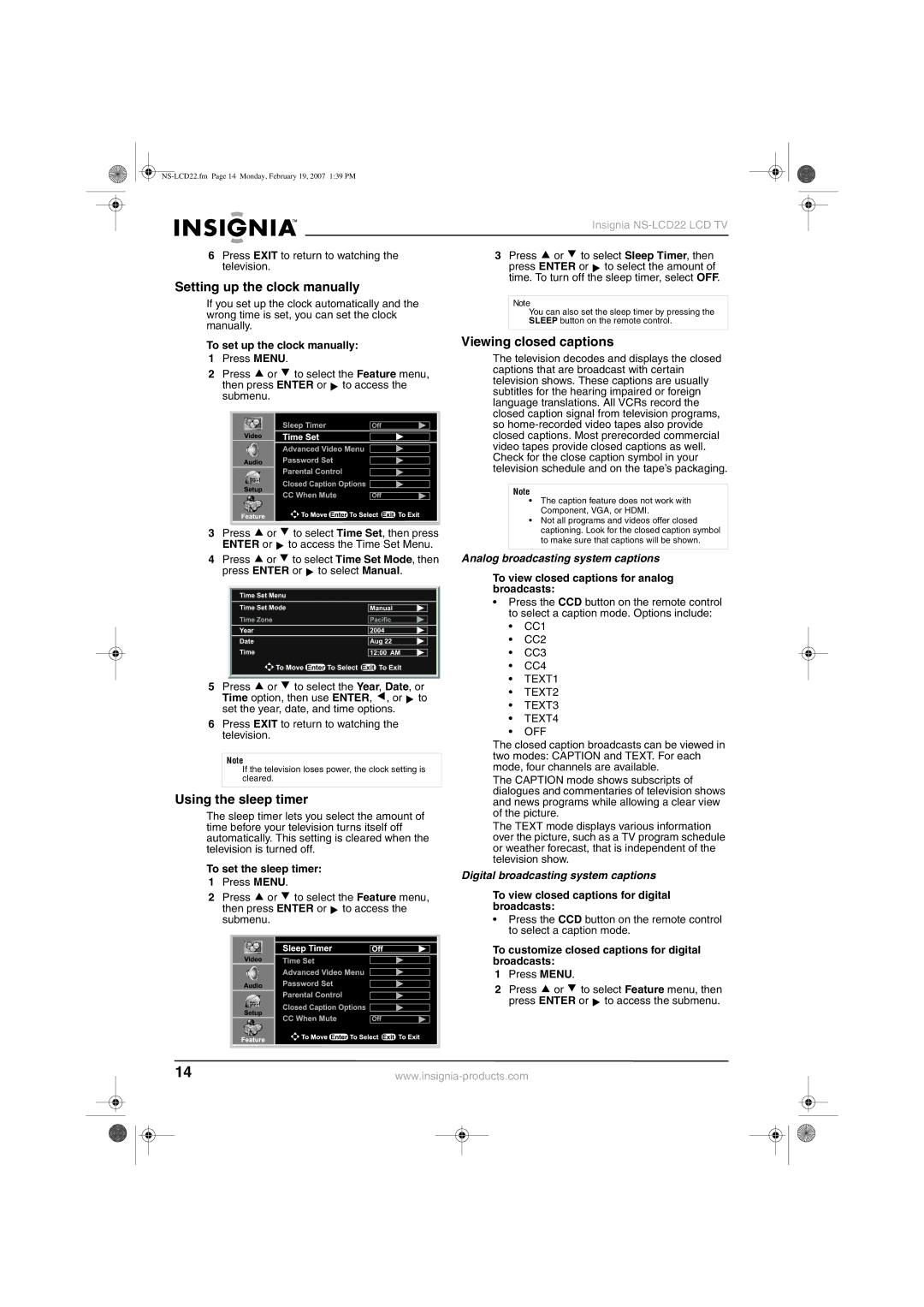 Insignia NS-LCD22 Setting up the clock manually, Using the sleep timer, Viewing closed captions 