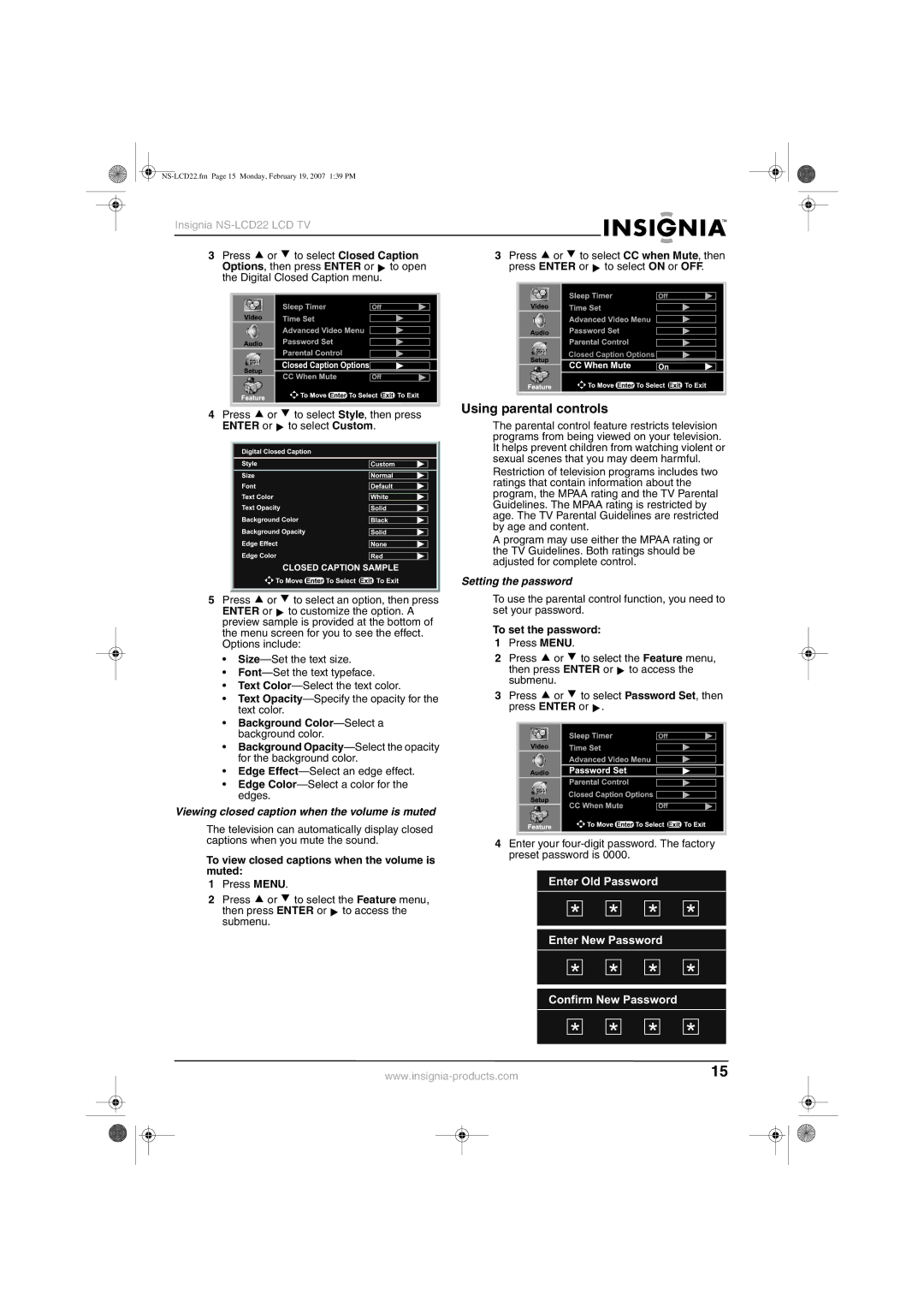 Insignia NS-LCD22 manual Using parental controls, Viewing closed caption when the volume is muted, Setting the password 