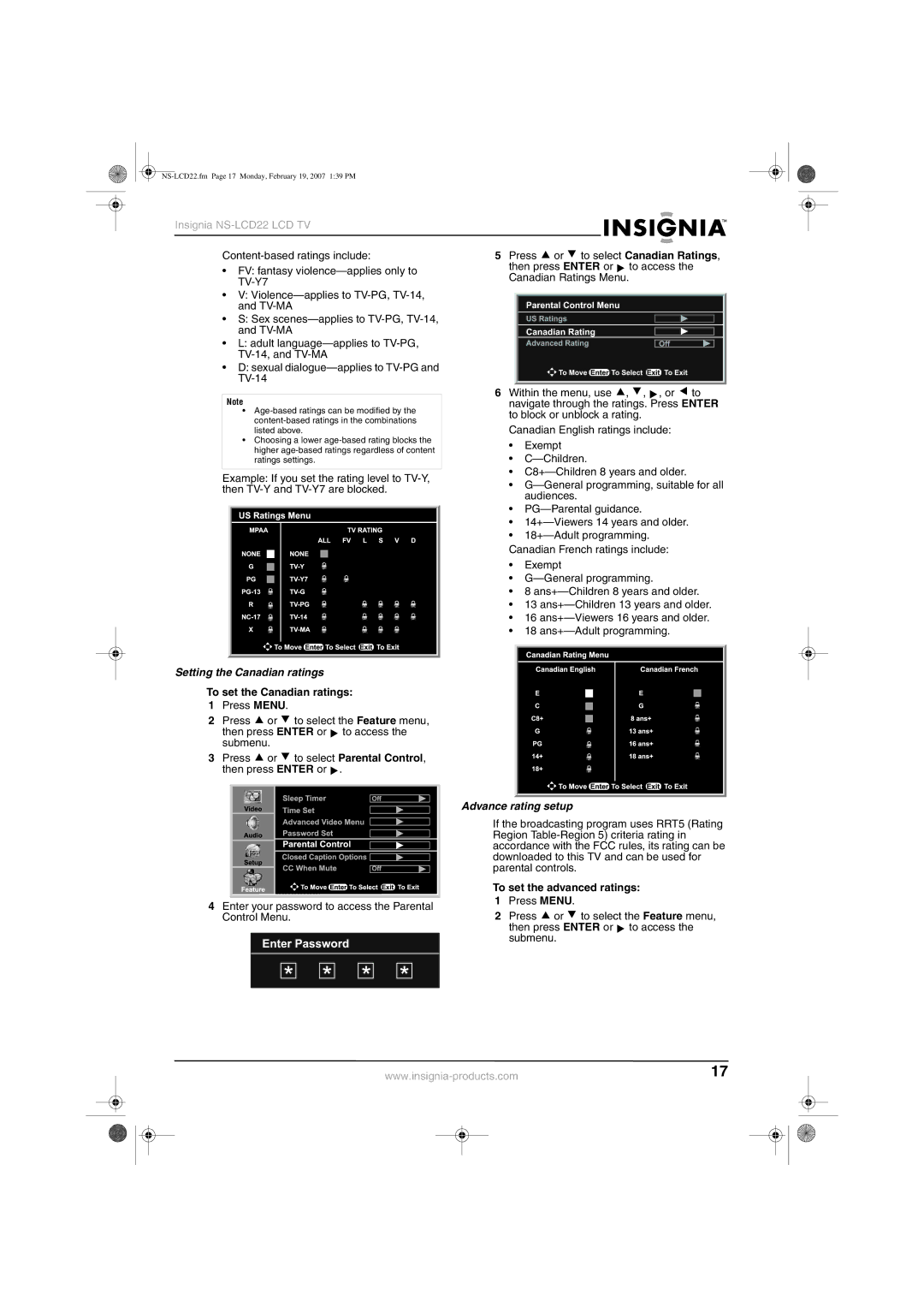 Insignia NS-LCD22 manual Setting the Canadian ratings, To set the Canadian ratings, Advance rating setup 