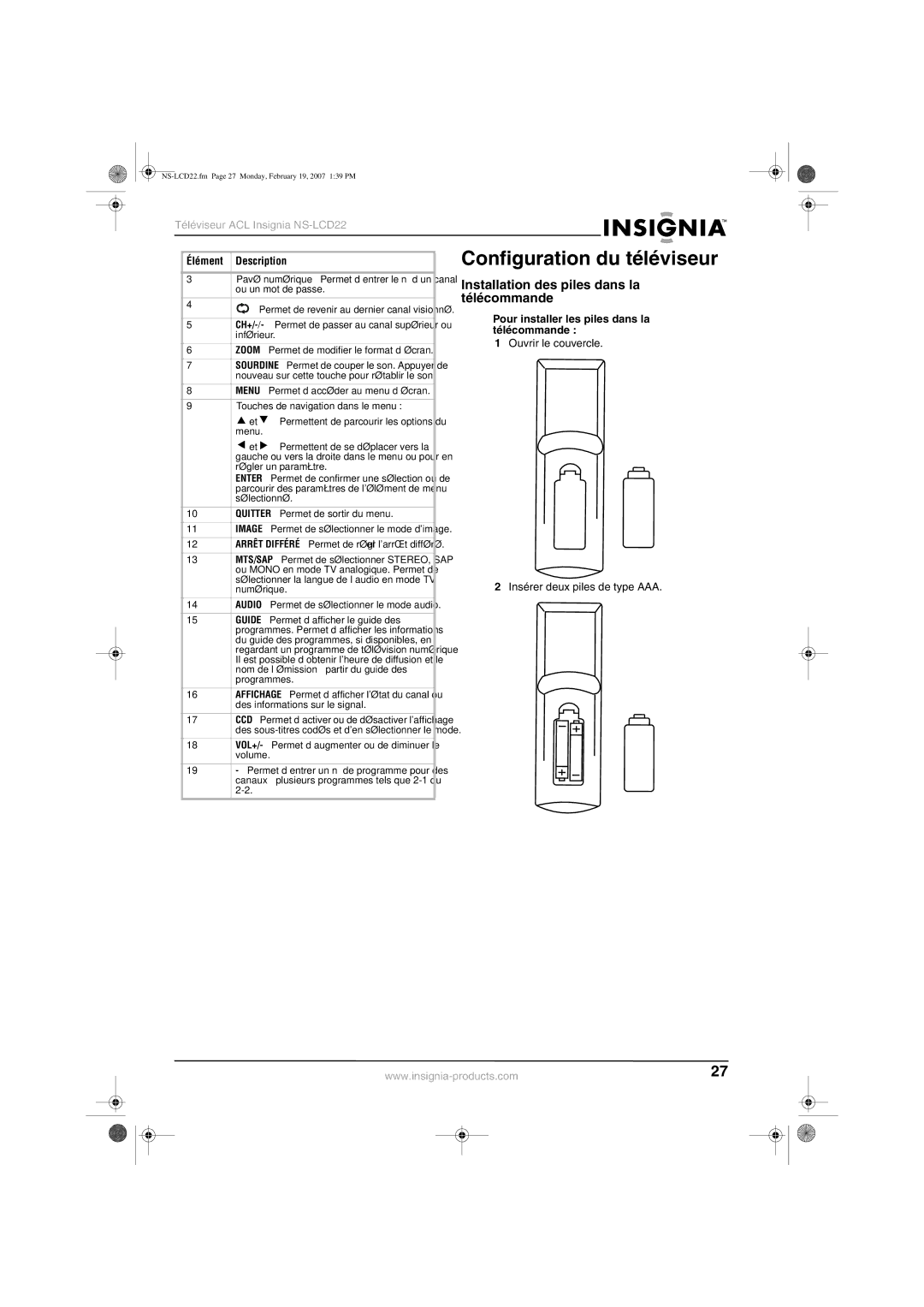 Insignia NS-LCD22 manual Configuration du téléviseur, Installation des piles dans la télécommande 