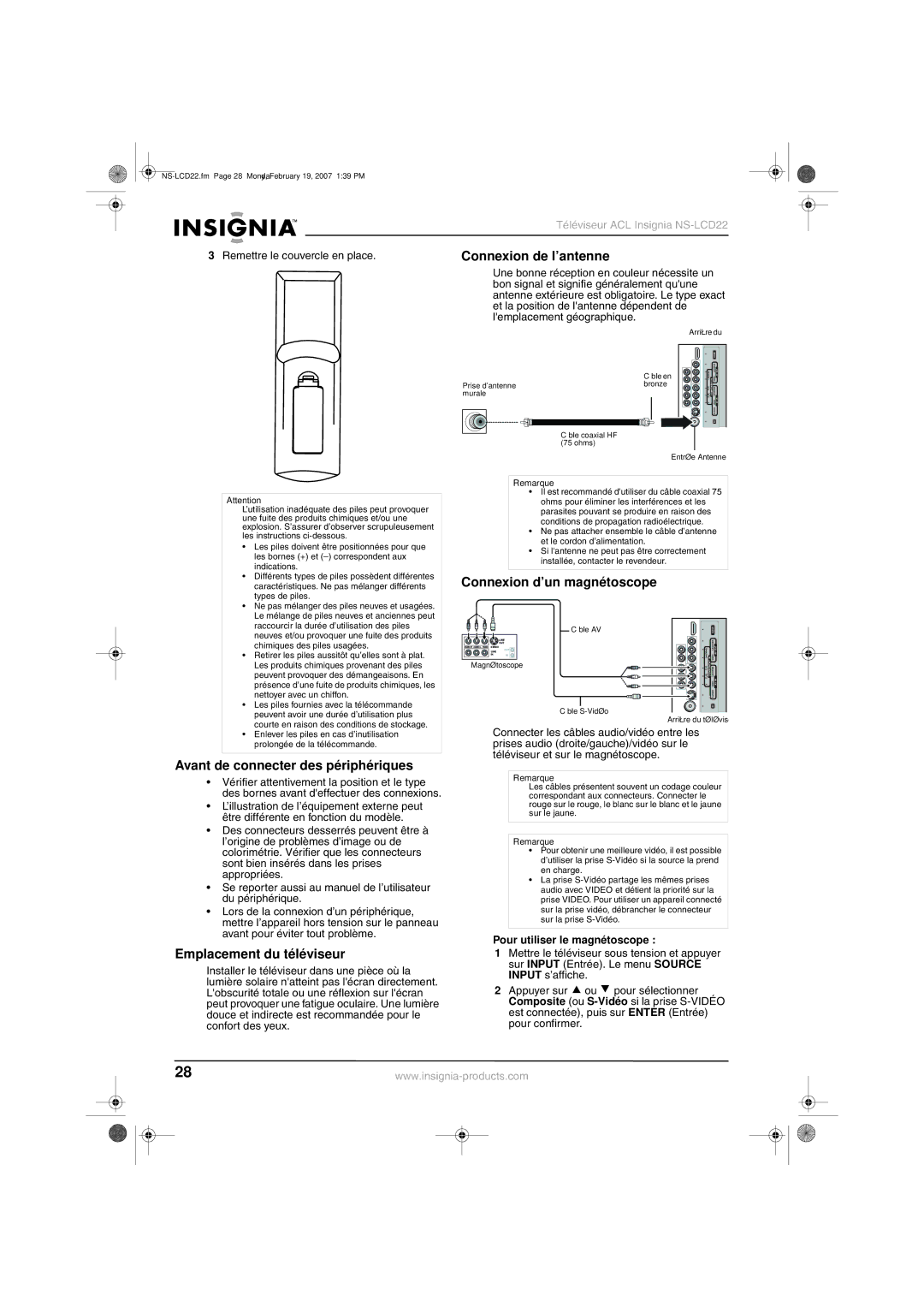 Insignia NS-LCD22 manual Connexion de l’antenne, Avant de connecter des périphériques, Connexion d’un magnétoscope 