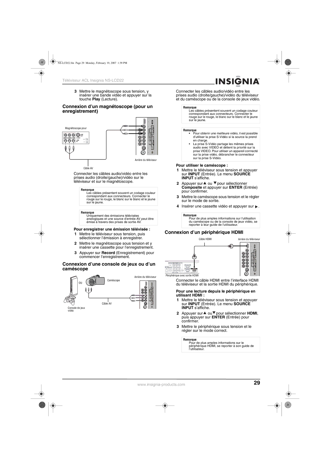 Insignia NS-LCD22 Connexion d’un magnétoscope pour un enregistrement, Connexion d’une console de jeux ou d’un caméscope 