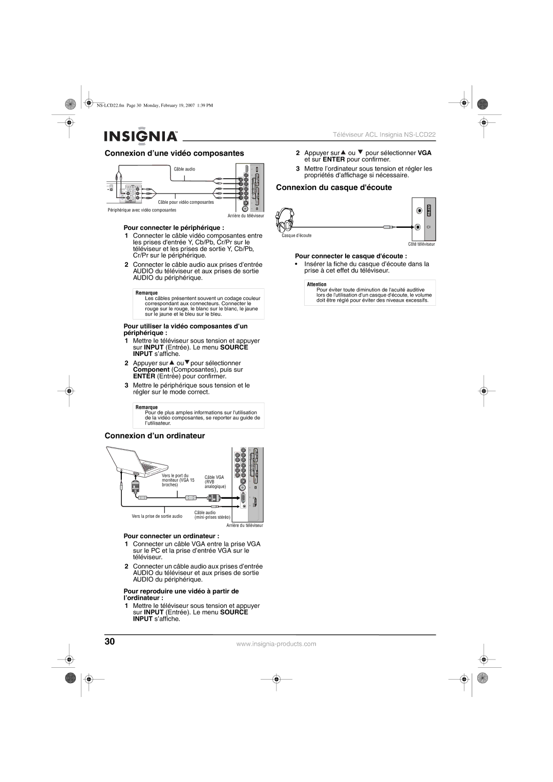 Insignia NS-LCD22 manual Connexion d’une vidéo composantes, Connexion du casque découte, Connexion d’un ordinateur 