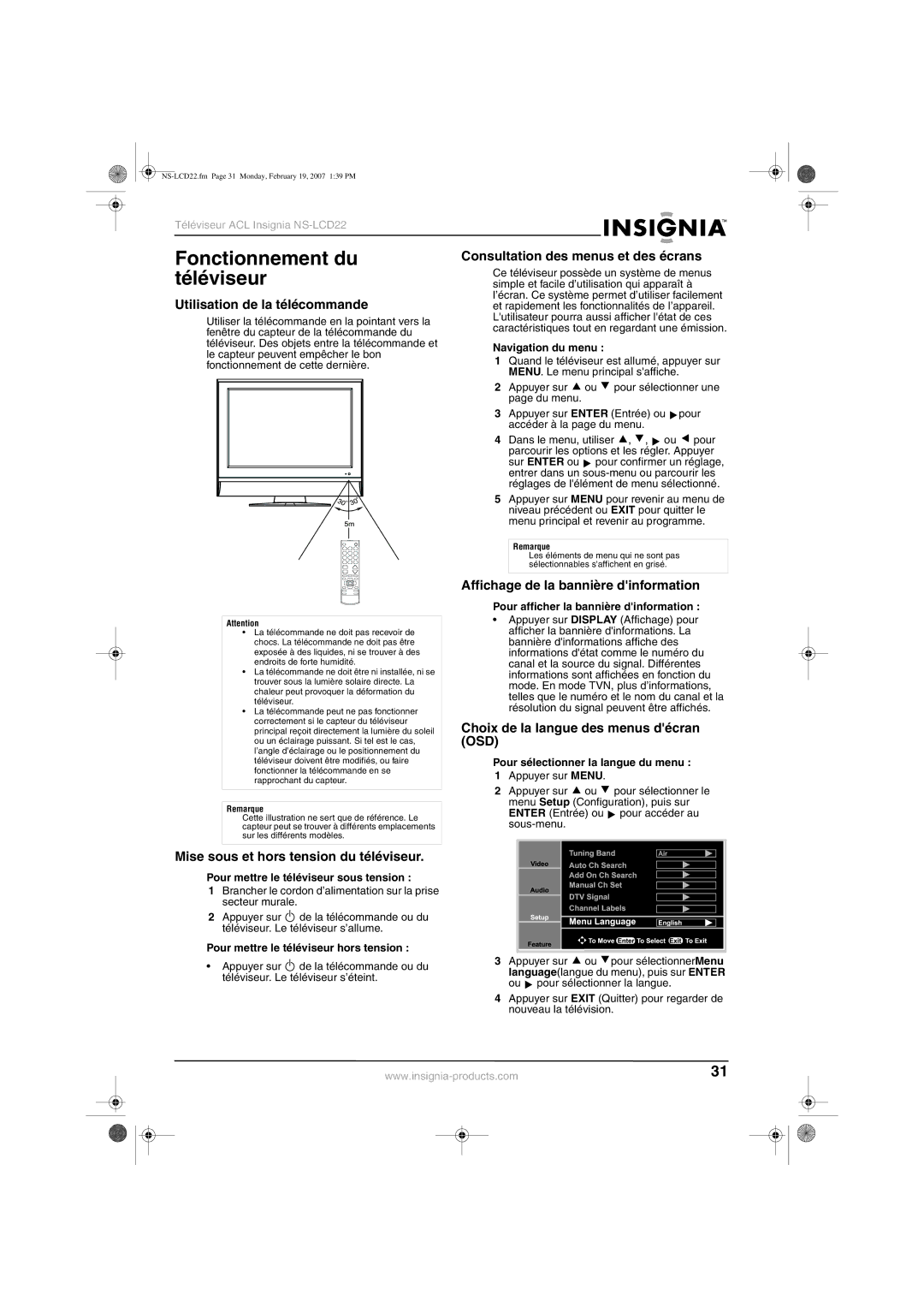 Insignia NS-LCD22 manual Fonctionnement du téléviseur 