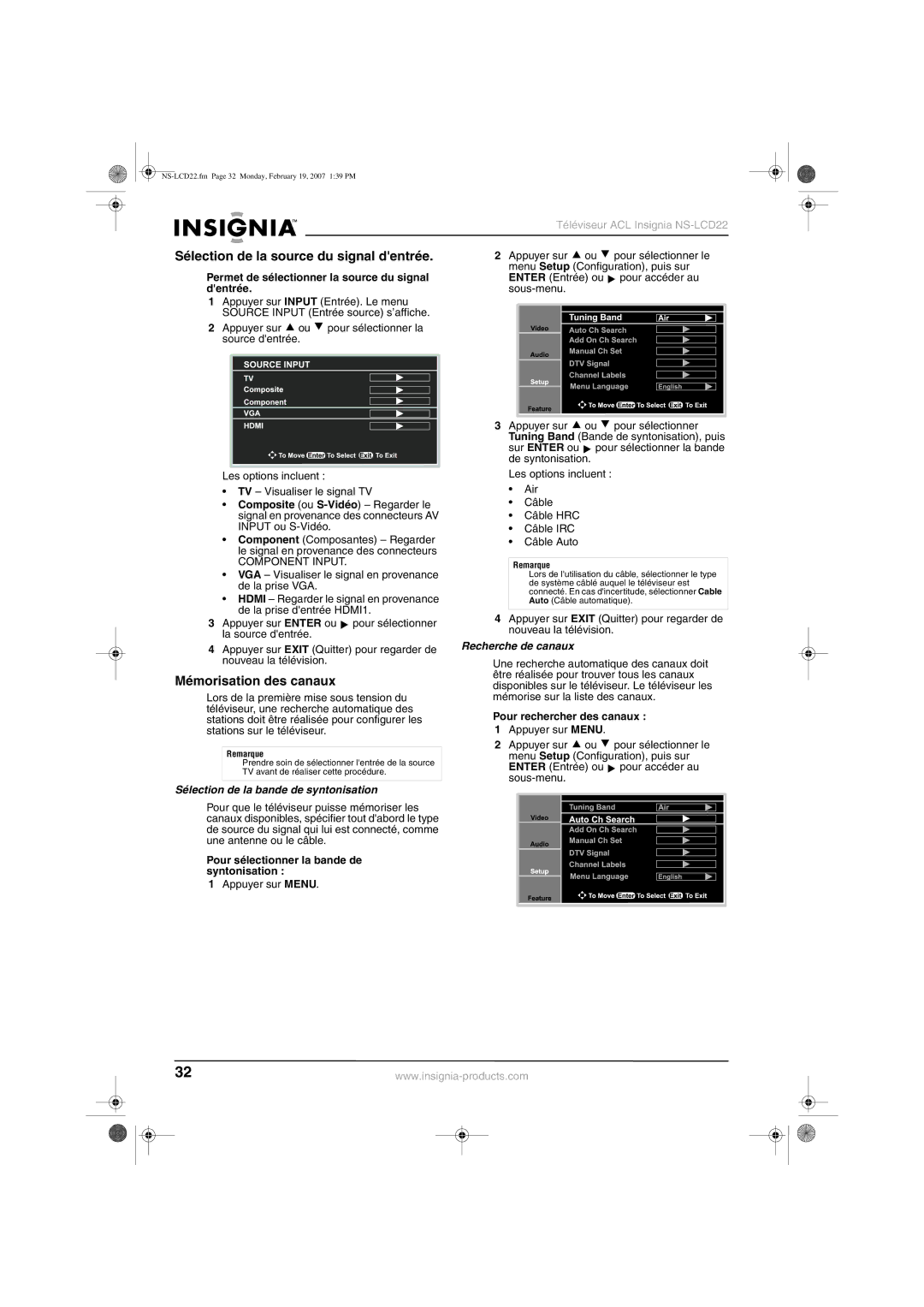 Insignia NS-LCD22 manual Sélection de la source du signal dentrée, Mémorisation des canaux, Recherche de canaux 