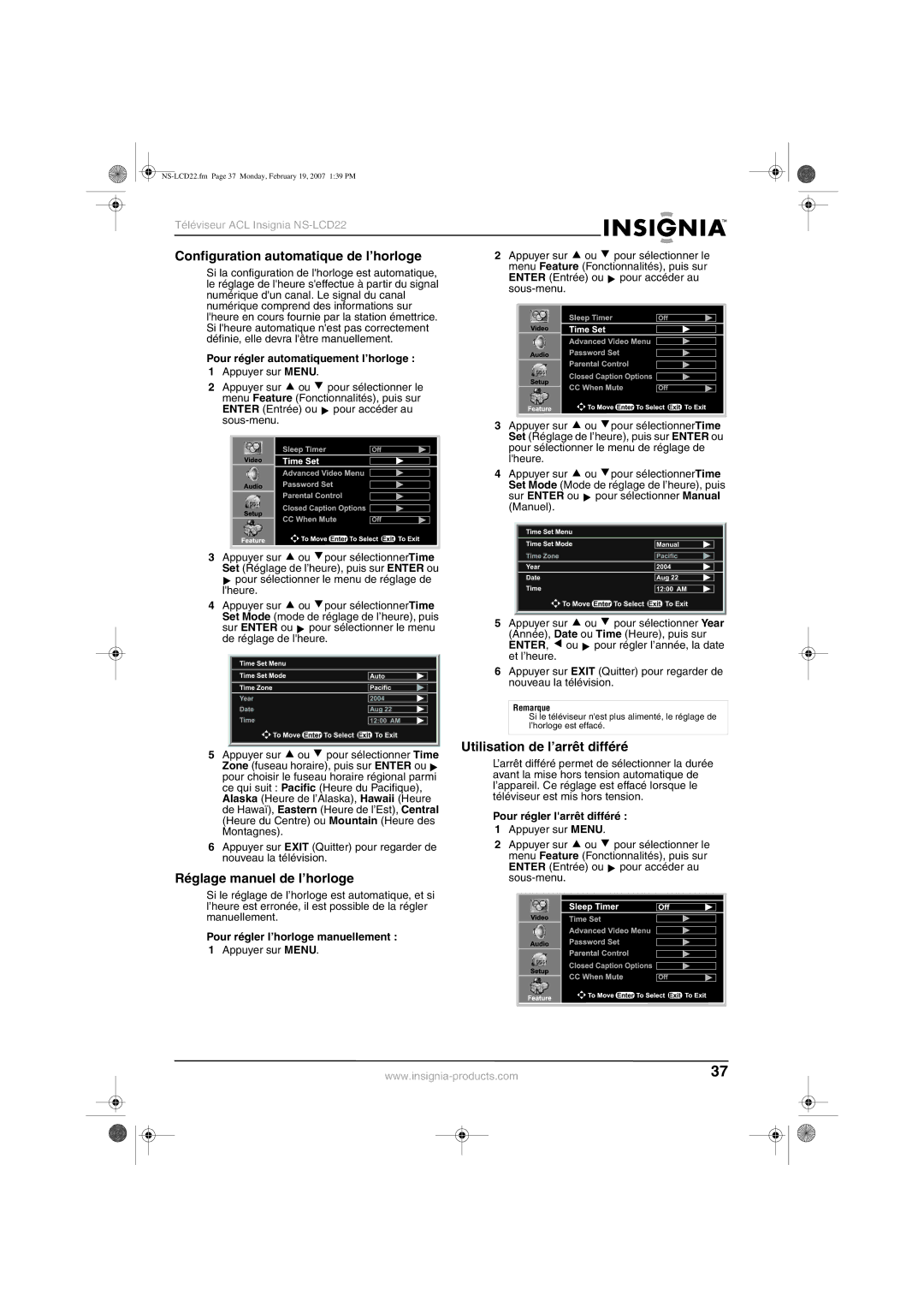 Insignia NS-LCD22 Configuration automatique de l’horloge, Réglage manuel de l’horloge, Utilisation de l’arrêt différé 