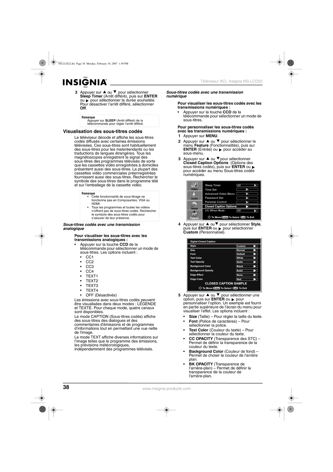 Insignia NS-LCD22 manual Visualisation des sous-titres codés, Sous-titres codés avec une transmission numérique 