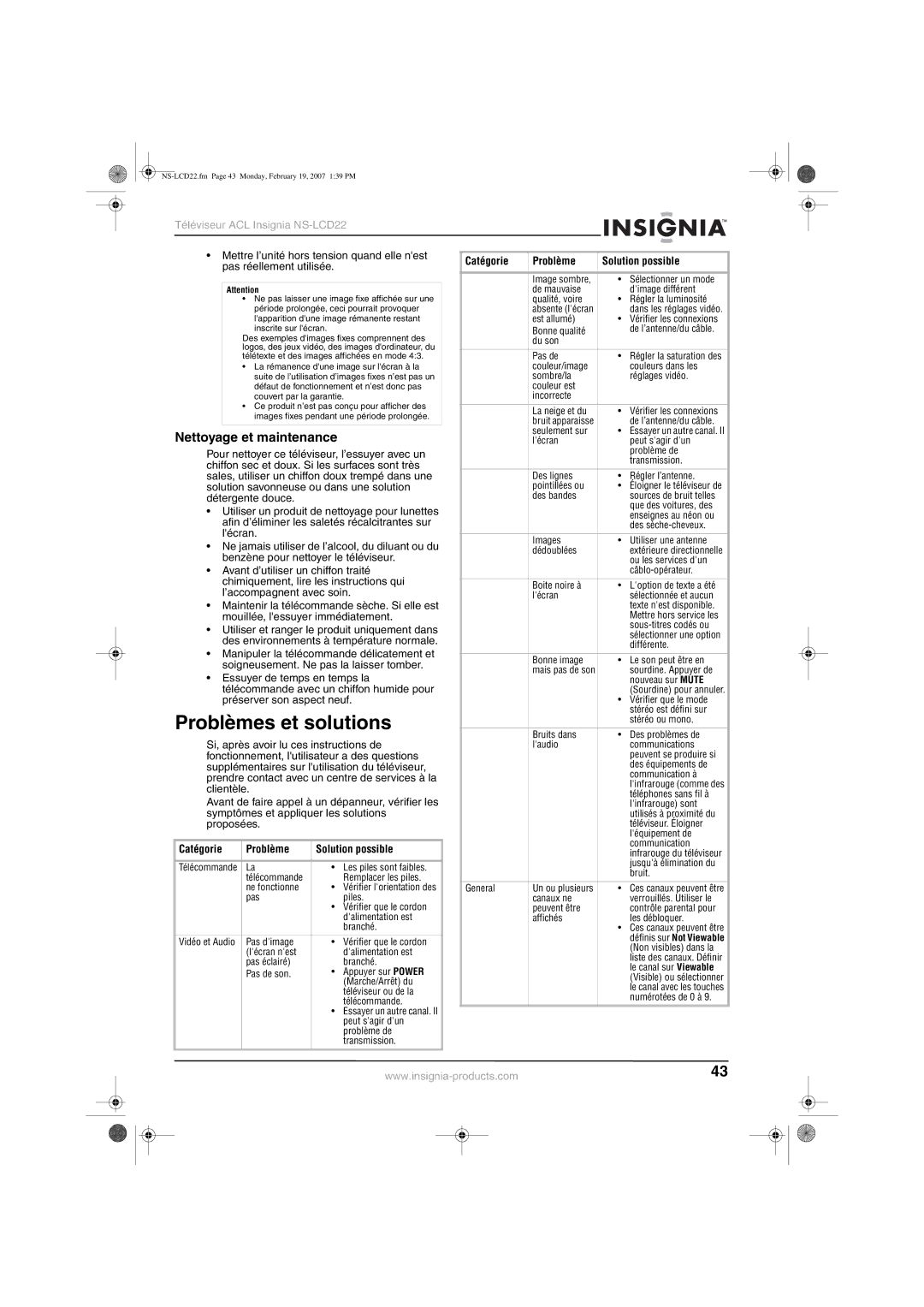 Insignia NS-LCD22 manual Problèmes et solutions, Nettoyage et maintenance, Catégorie Problème Solution possible 