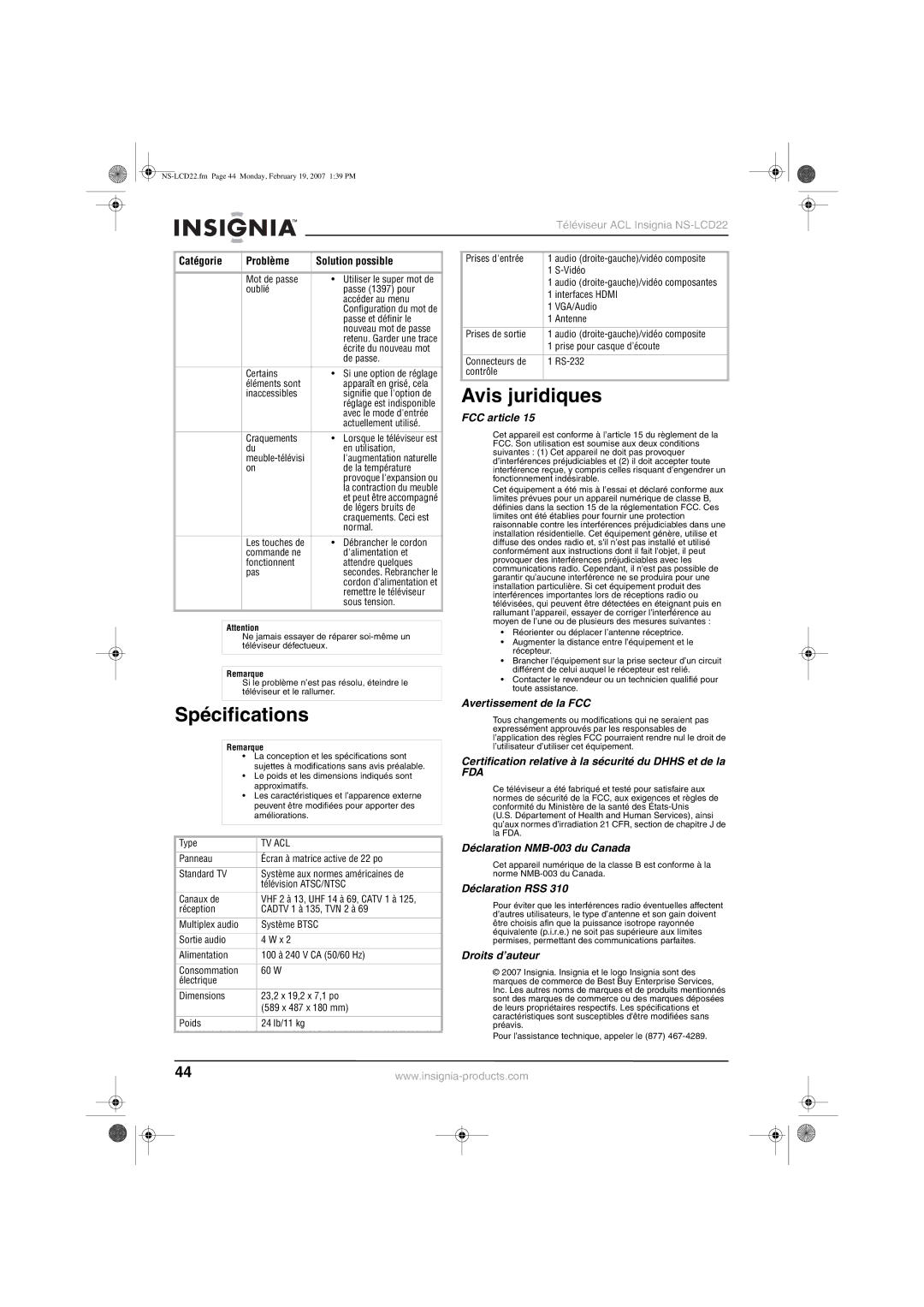 Insignia NS-LCD22 manual Spécifications, Avis juridiques 