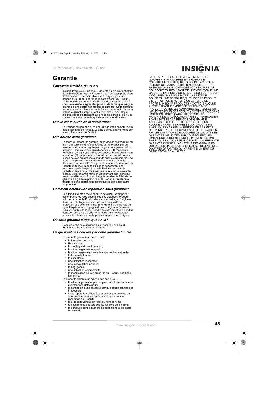 Insignia NS-LCD22 manual Garantie limitée d’un an 