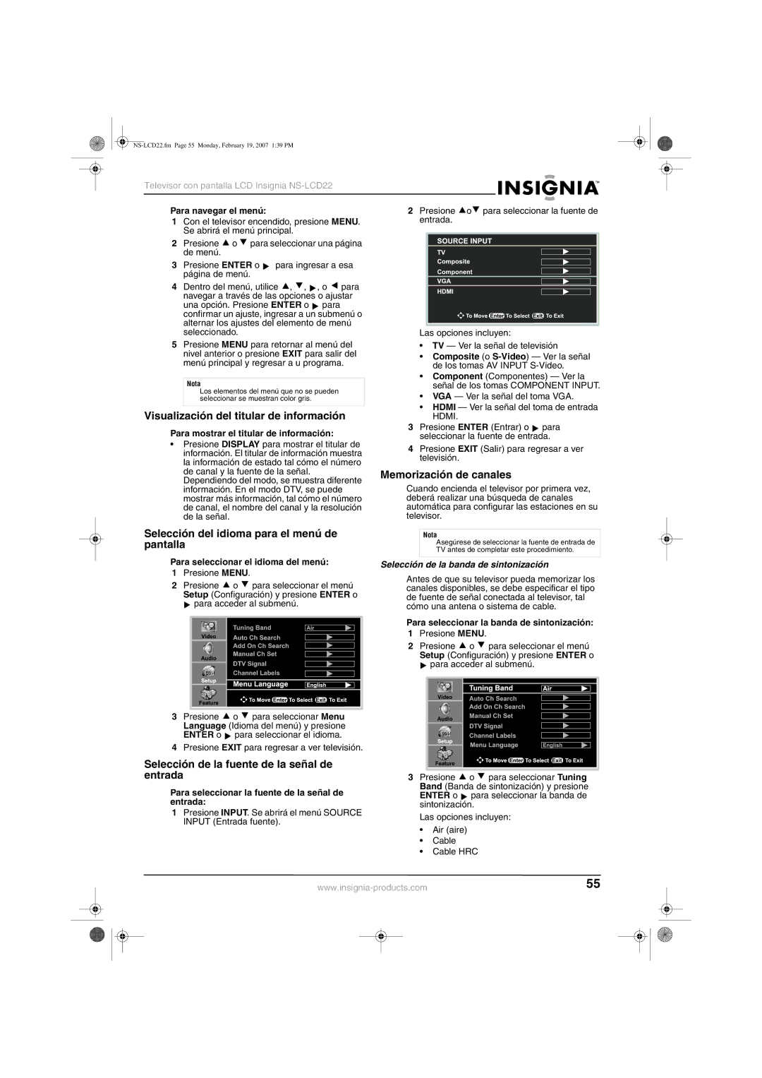 Insignia NS-LCD22 Visualización del titular de información, Memorización de canales, Selección del idioma para el menú de 