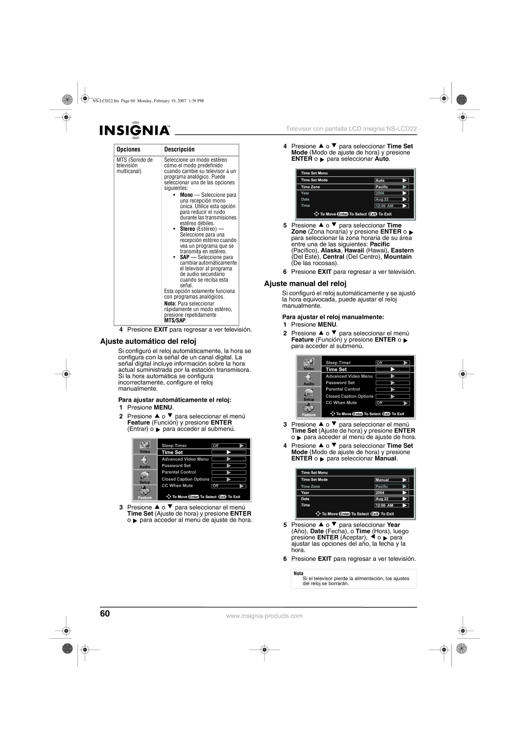 Insignia NS-LCD22 Ajuste manual del reloj, Ajuste automático del reloj, Para ajustar el reloj manualmente 