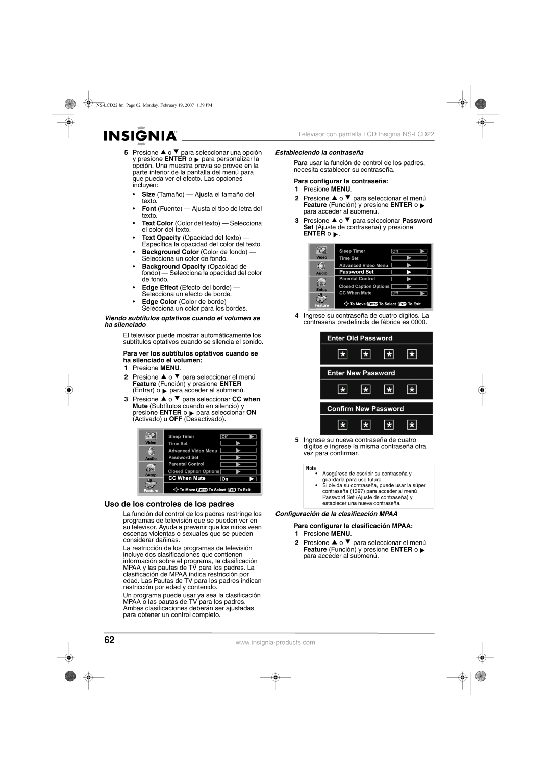 Insignia NS-LCD22 Uso de los controles de los padres, Estableciendo la contraseña, Configuración de la clasificación Mpaa 