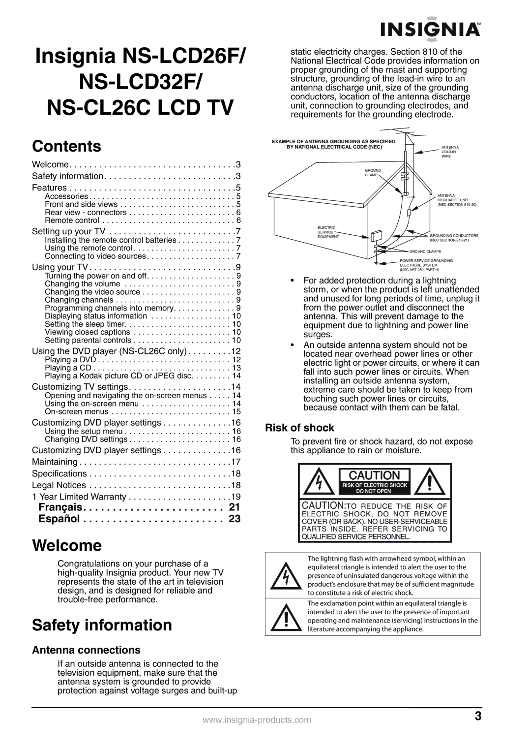 Insignia NS-LCD26F, NS-LCD32F, NS-CL26C manual Contents, Welcome, Safety information 