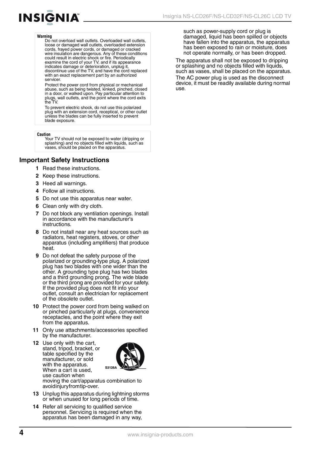 Insignia NS-LCD26F, NS-LCD32F, NS-CL26C manual Important Safety Instructions, Insignia NS-LCD26F/NS-LCD32F/NS-CL26C LCD TV 