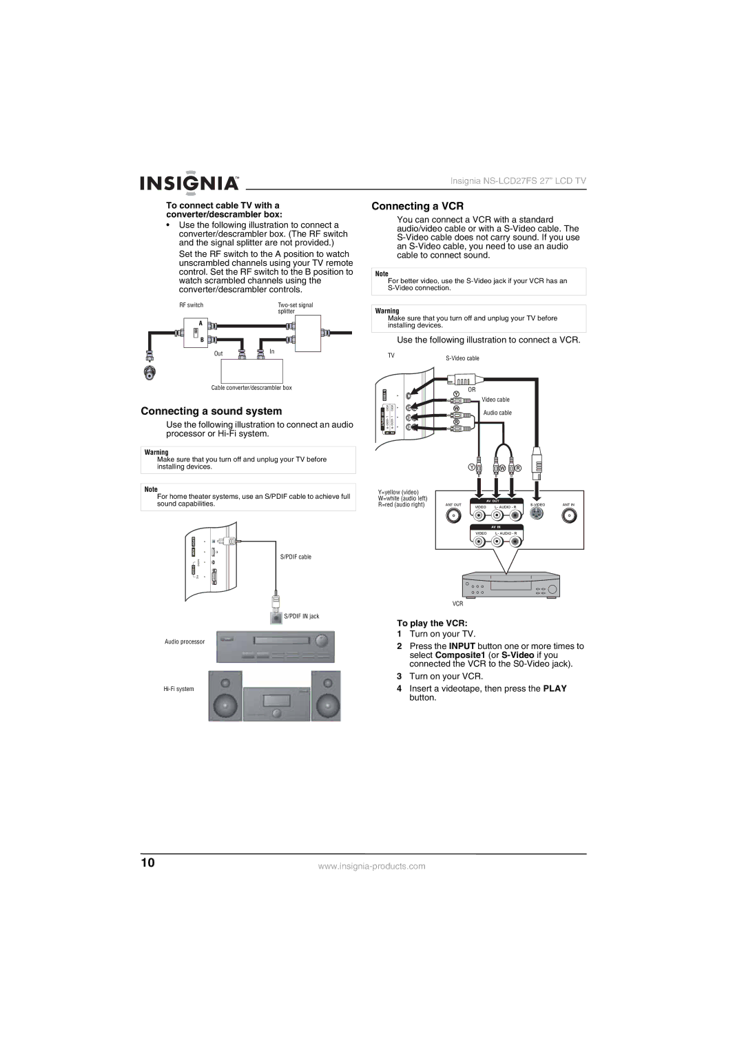 Insignia NS-LCD27FS Connecting a sound system, Connecting a VCR, To connect cable TV with a converter/descrambler box 