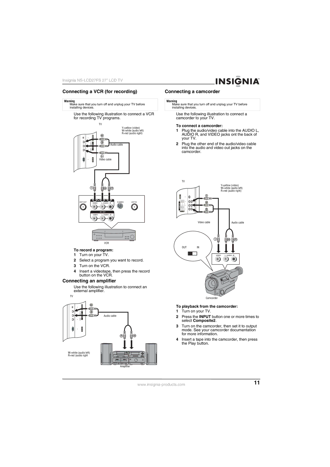 Insignia NS-LCD27FS manual Connecting a VCR for recording, Connecting a camcorder, Connecting an amplifier 